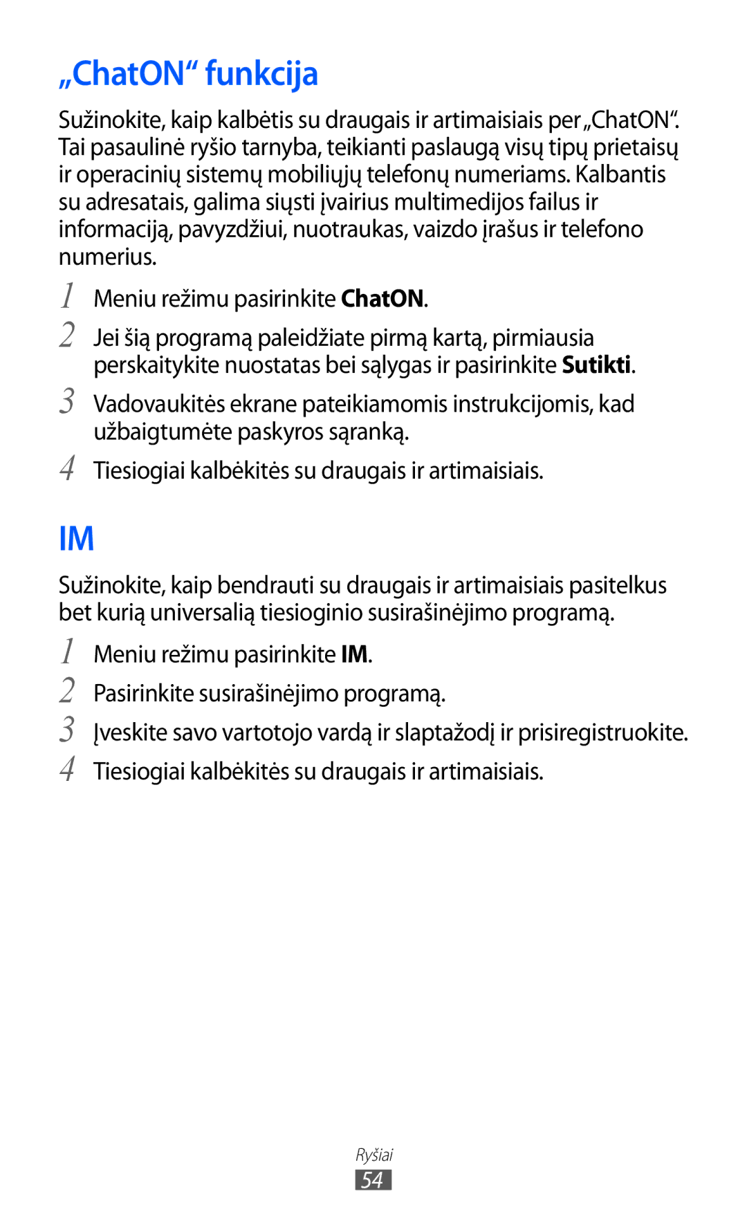 Samsung GT-S8600HKASEB manual „ChatON funkcija, Meniu režimu pasirinkite ChatON 