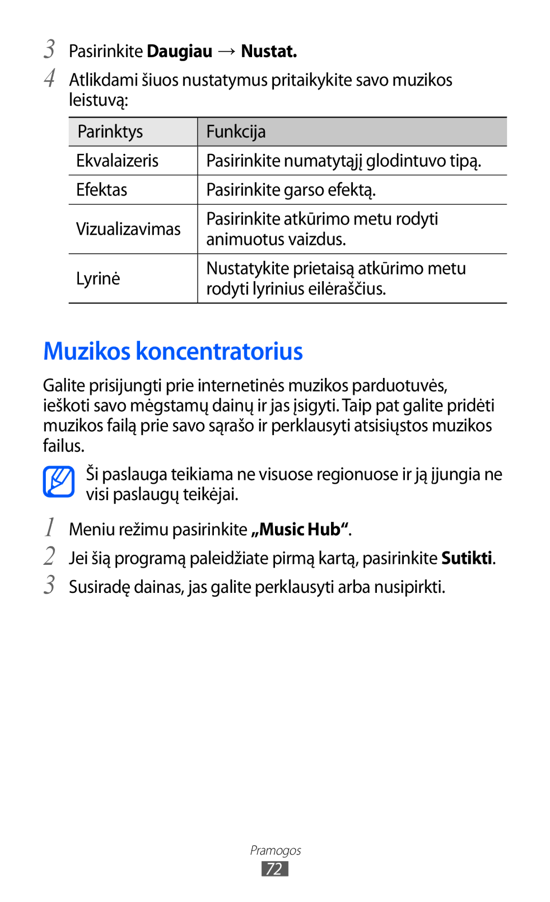 Samsung GT-S8600HKASEB manual Muzikos koncentratorius, Pasirinkite Daugiau → Nustat 