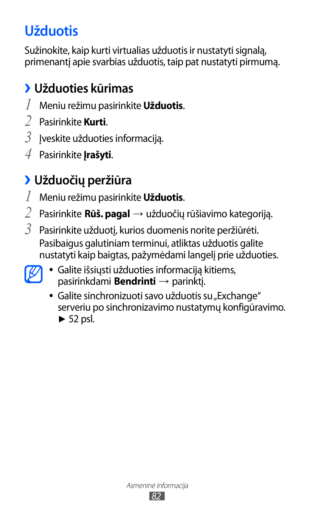 Samsung GT-S8600HKASEB manual Užduotis, ››Užduoties kūrimas, ››Užduočių peržiūra 