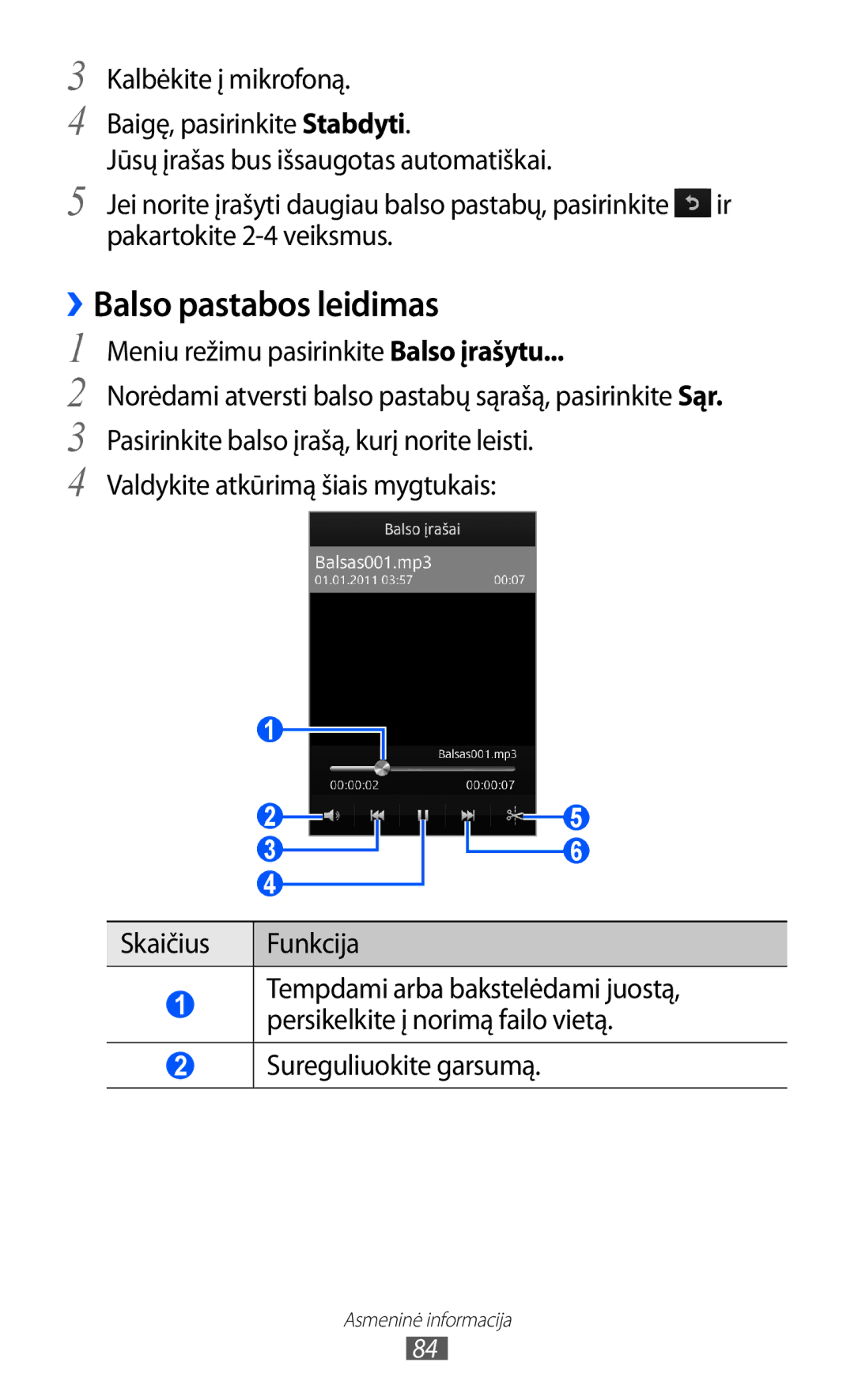 Samsung GT-S8600HKASEB manual ››Balso pastabos leidimas, Meniu režimu pasirinkite Balso įrašytu 