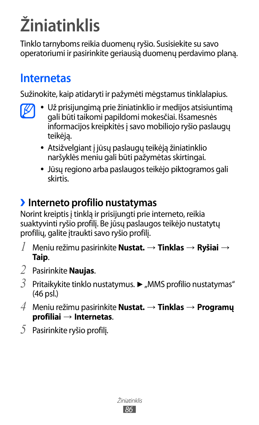 Samsung GT-S8600HKASEB manual Žiniatinklis, ››Interneto profilio nustatymas, Profiliai → Internetas 