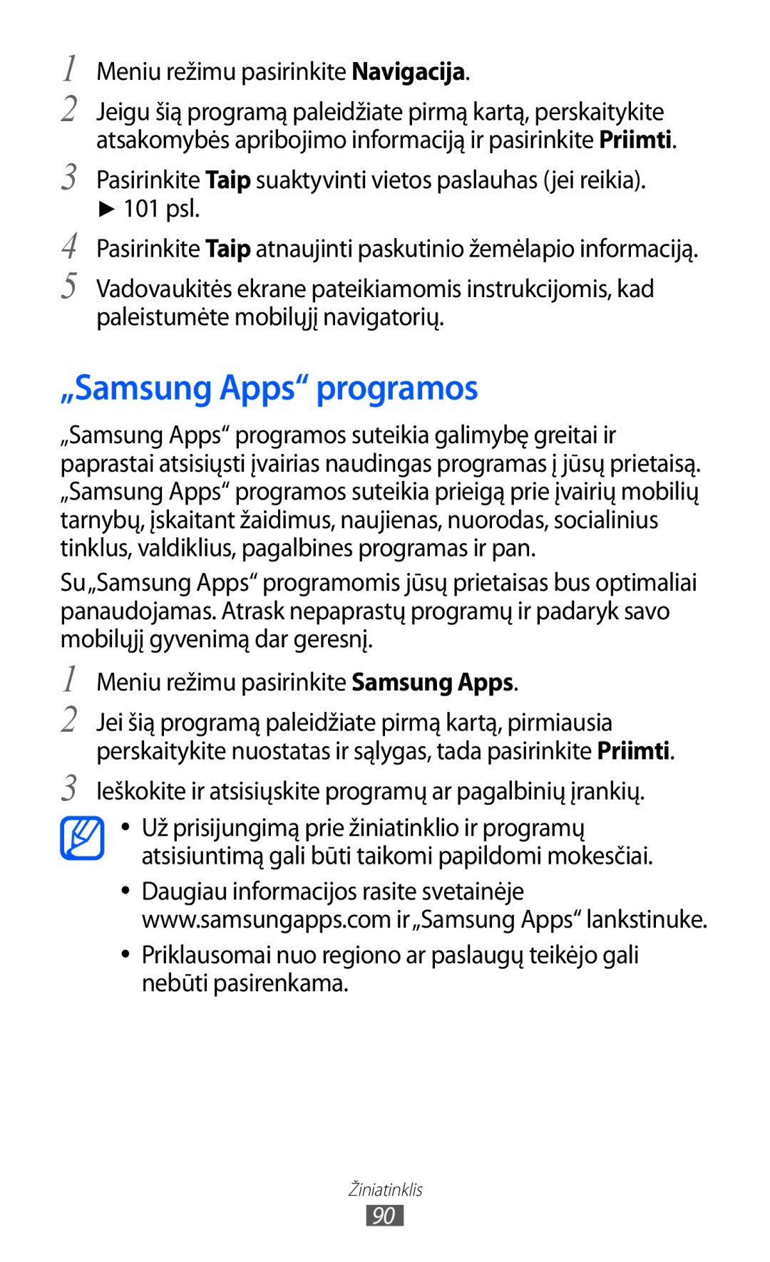 Samsung GT-S8600HKASEB manual „Samsung Apps programos, Meniu režimu pasirinkite Navigacija 