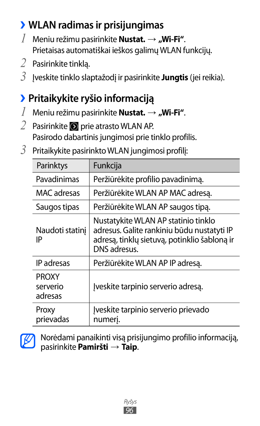 Samsung GT-S8600HKASEB manual ››WLAN radimas ir prisijungimas, ››Pritaikykite ryšio informaciją, DNS adresus 