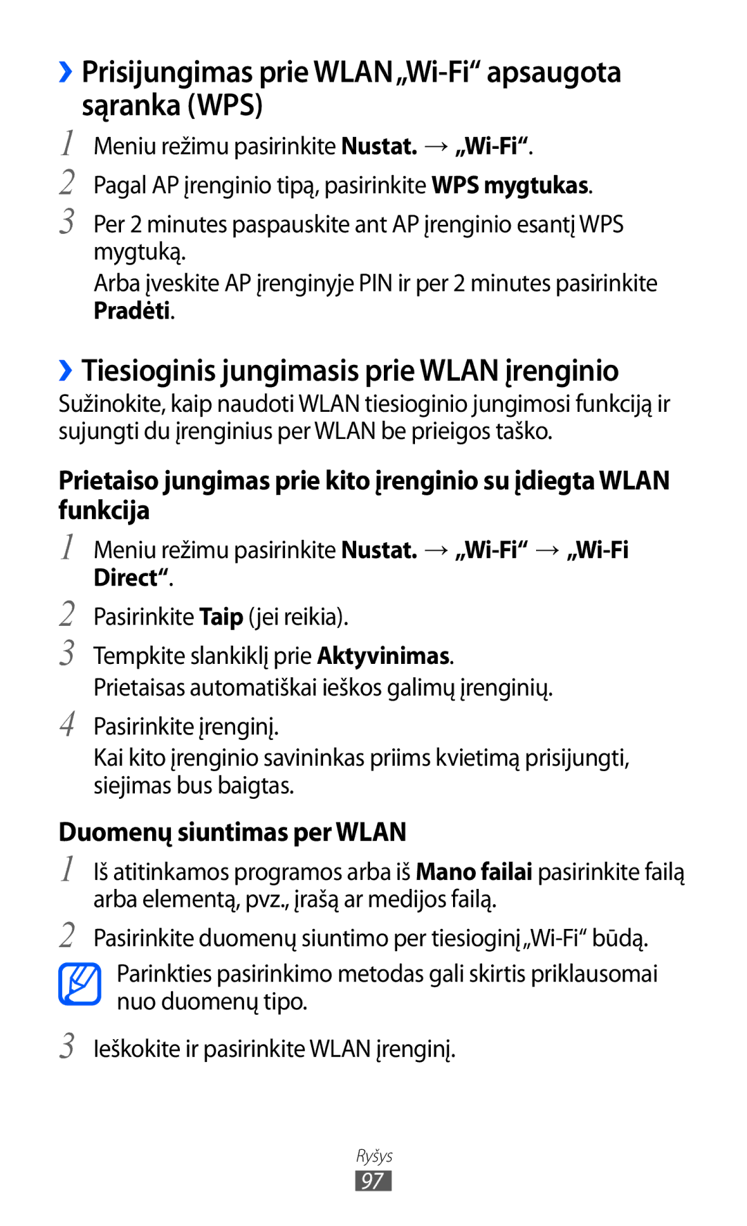 Samsung GT-S8600HKASEB manual ››Prisijungimas prie WLAN„Wi-Fi apsaugota sąranka WPS, Direct, Pasirinkite Taip jei reikia 