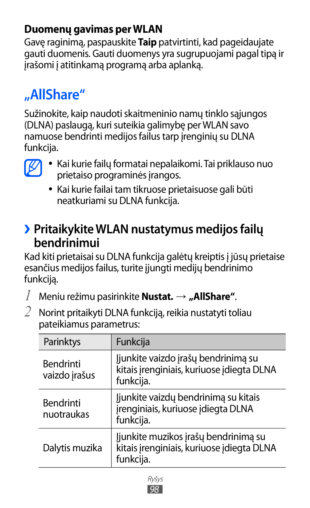 Samsung GT-S8600HKASEB manual „AllShare, ››Pritaikykite Wlan nustatymus medijos failų bendrinimui, Vaizdo įrašus 