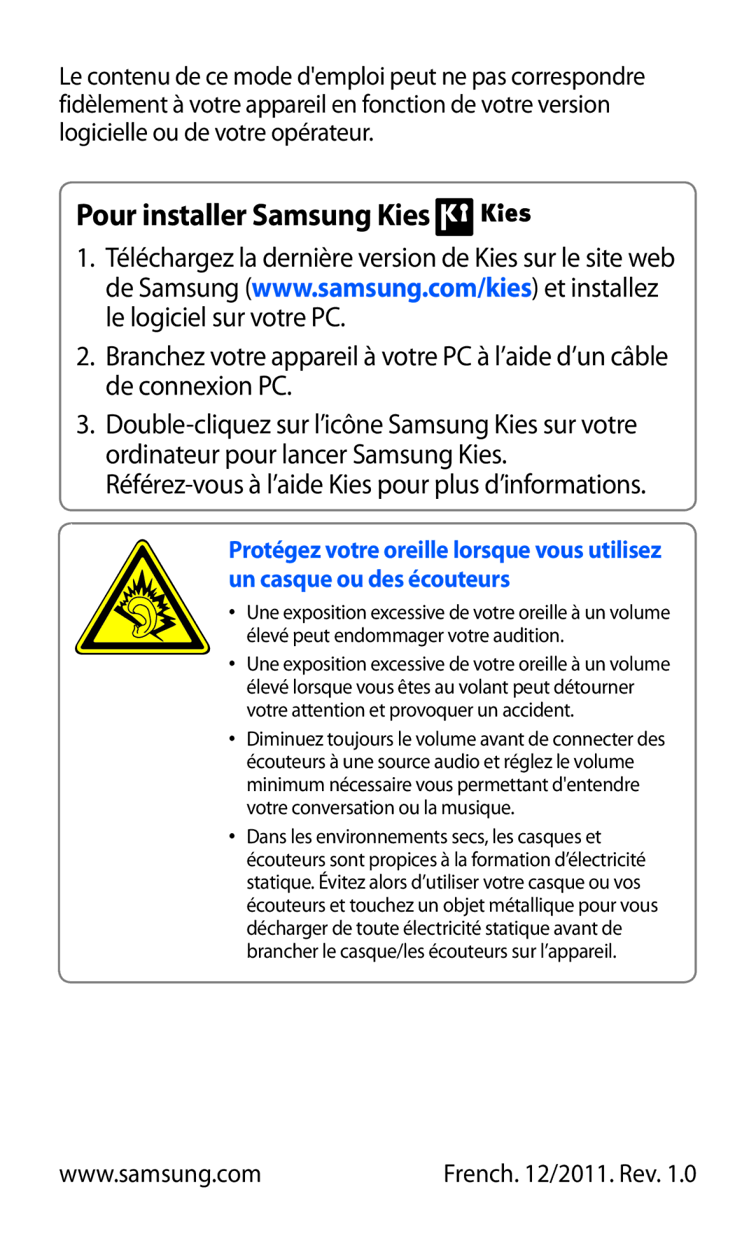 Samsung GT-S8600HKABOG, GT-S8600HKASFR, GT-S8600HKAXEF, GT-S8600HKALPM, GT-S8600WSAXEF manual Pour installer Samsung Kies 