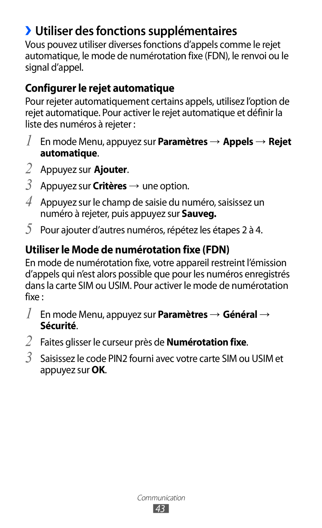 Samsung GT-S8600HKAXEF manual ››Utiliser des fonctions supplémentaires, Configurer le rejet automatique, Automatique 