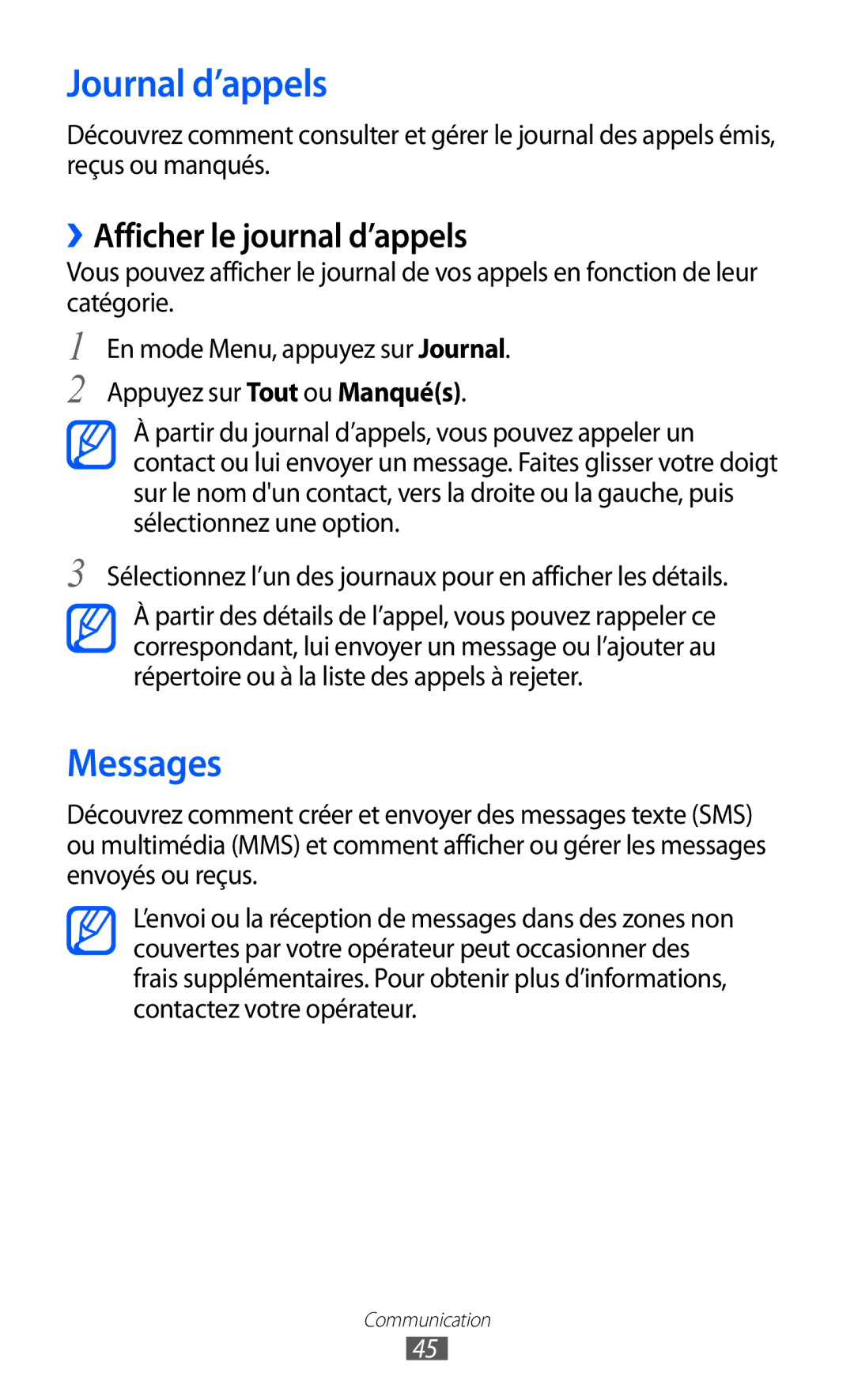 Samsung GT-S8600WSAXEF, GT-S8600HKASFR, GT-S8600HKAXEF manual Journal d’appels, Messages, ››Afficher le journal d’appels 