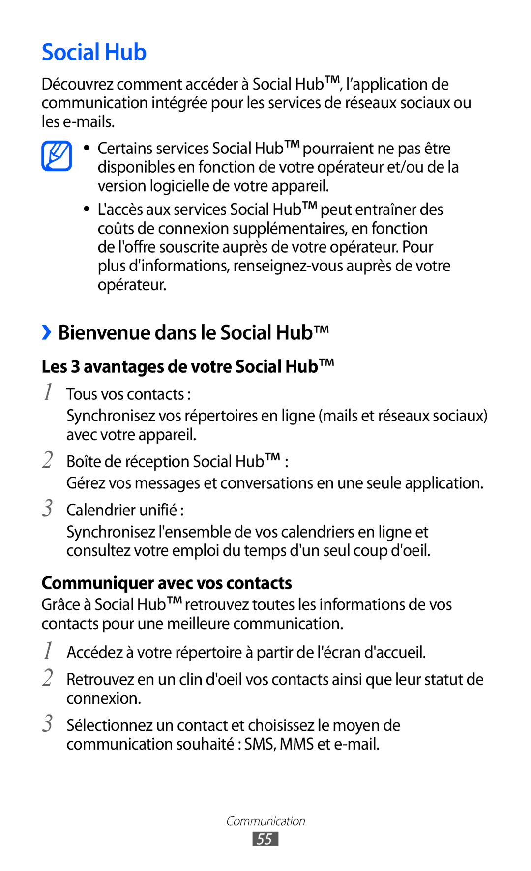 Samsung GT-S8600HKAXEF, GT-S8600HKASFR, GT-S8600HKALPM manual Social Hub, Communiquer avec vos contacts, Calendrier unifié 