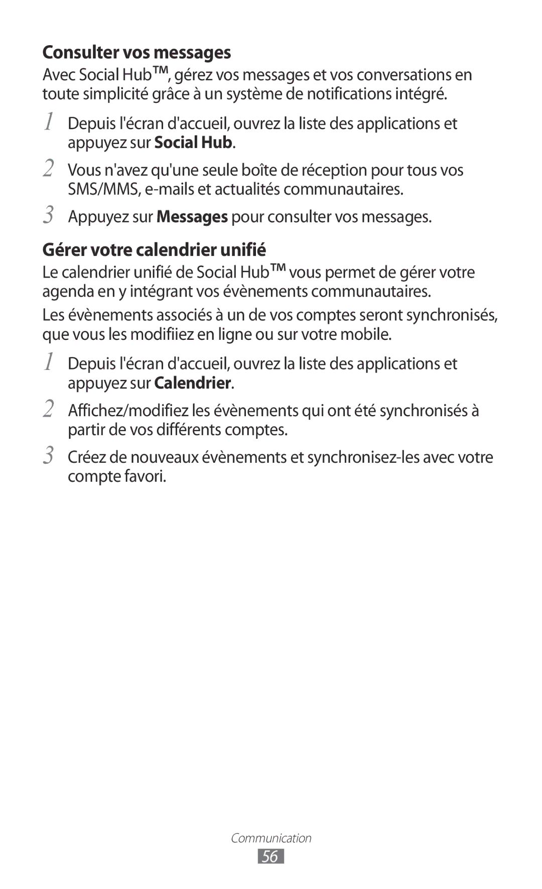 Samsung GT-S8600HKALPM, GT-S8600HKASFR, GT-S8600HKAXEF, GT-S8600WSAXEF Consulter vos messages, Gérer votre calendrier unifié 