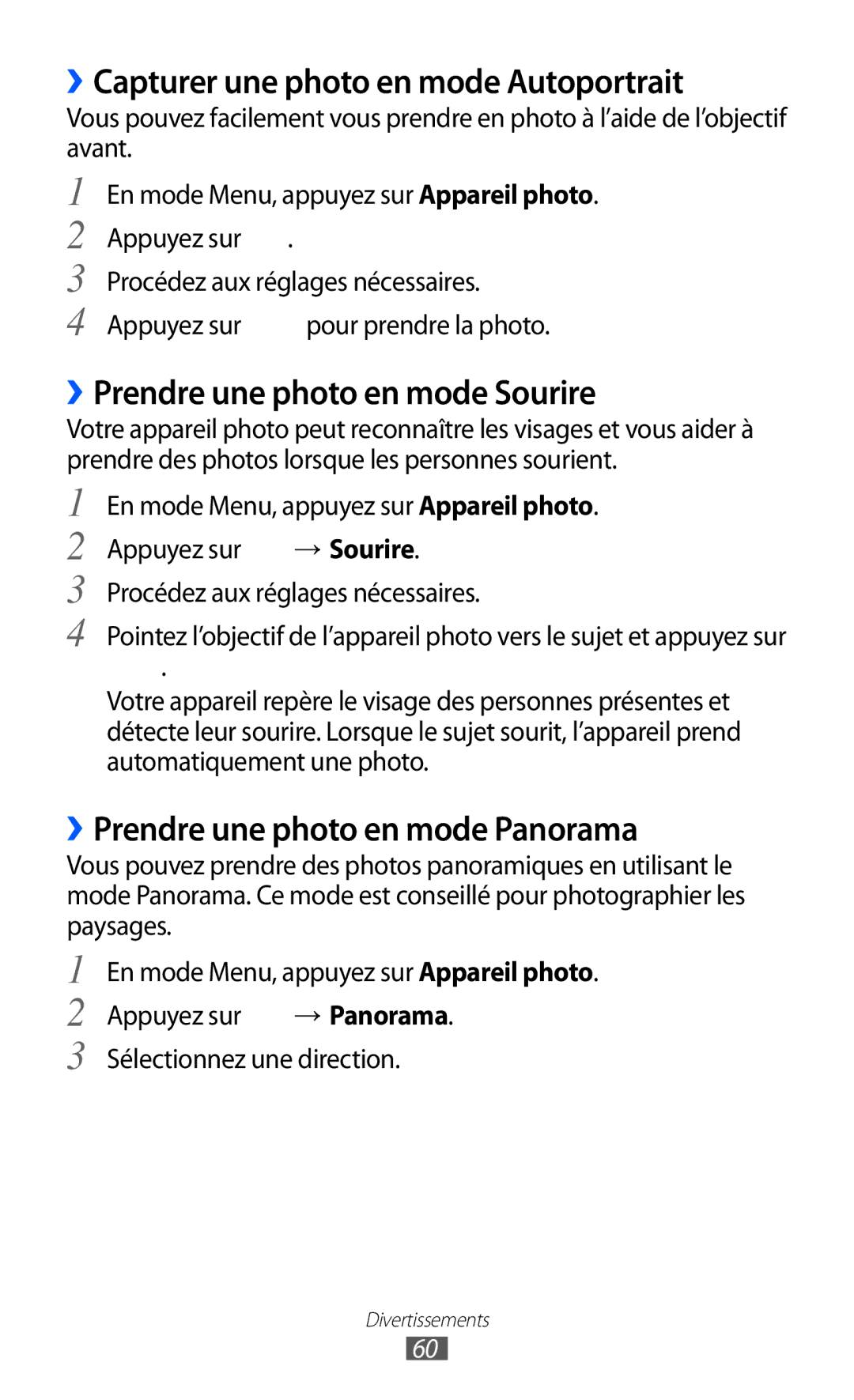 Samsung GT-S8600HKASFR, GT-S8600HKAXEF manual ››Capturer une photo en mode Autoportrait, ››Prendre une photo en mode Sourire 