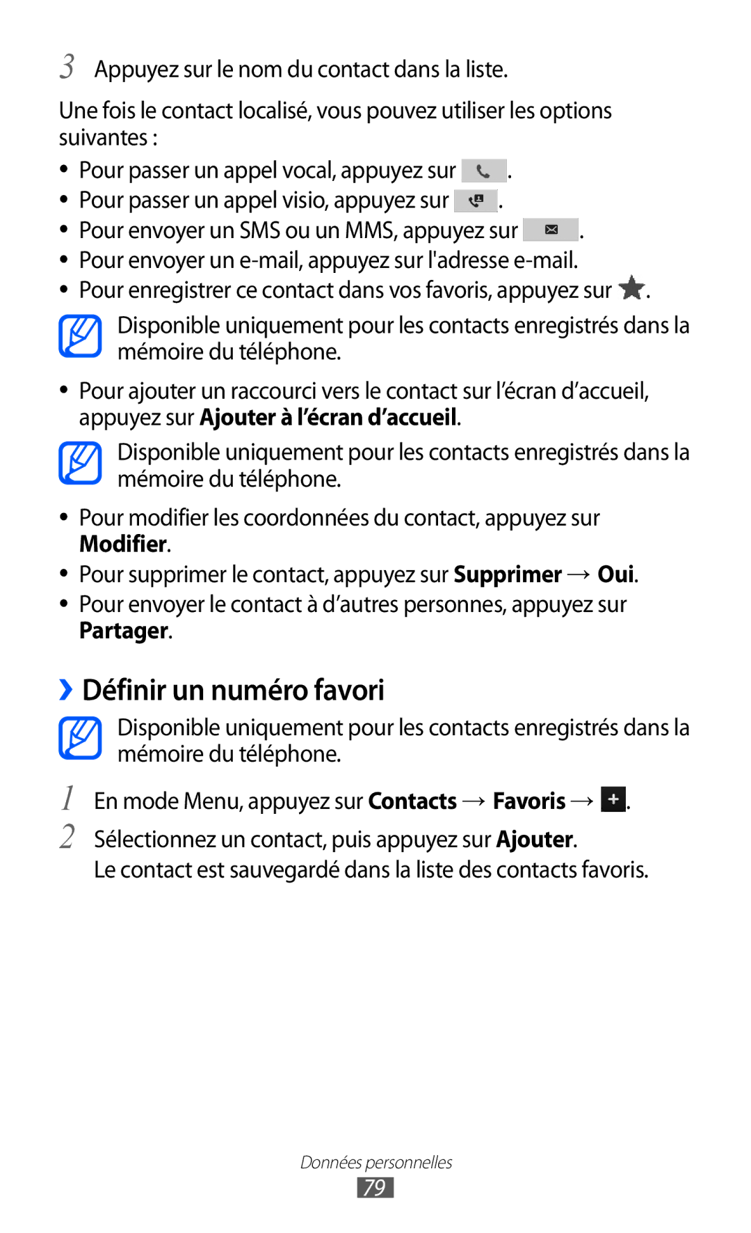 Samsung GT-S8600HKAXEF, GT-S8600HKASFR, GT-S8600HKALPM, GT-S8600WSAXEF, GT-S8600HKAFTM ››Définir un numéro favori, Partager 