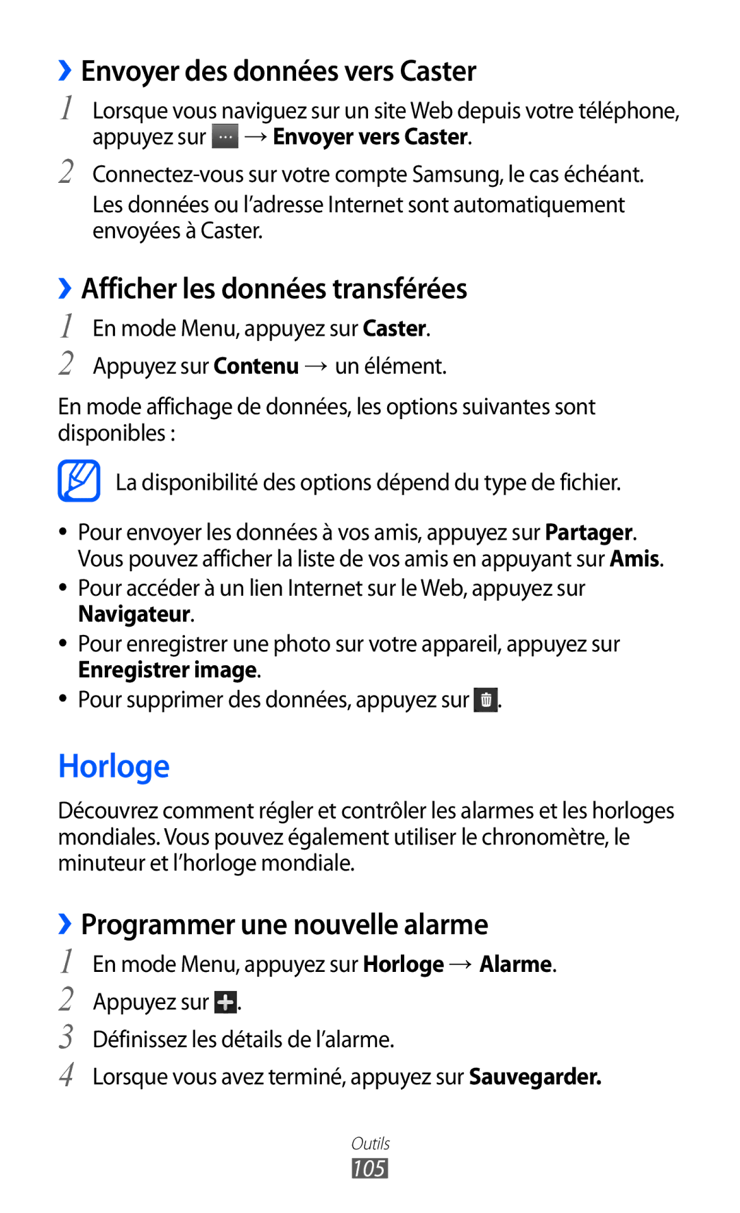 Samsung GT-S8600WSAXEF, GT-S8600HKASFR Horloge, ››Envoyer des données vers Caster, ››Afficher les données transférées, 105 