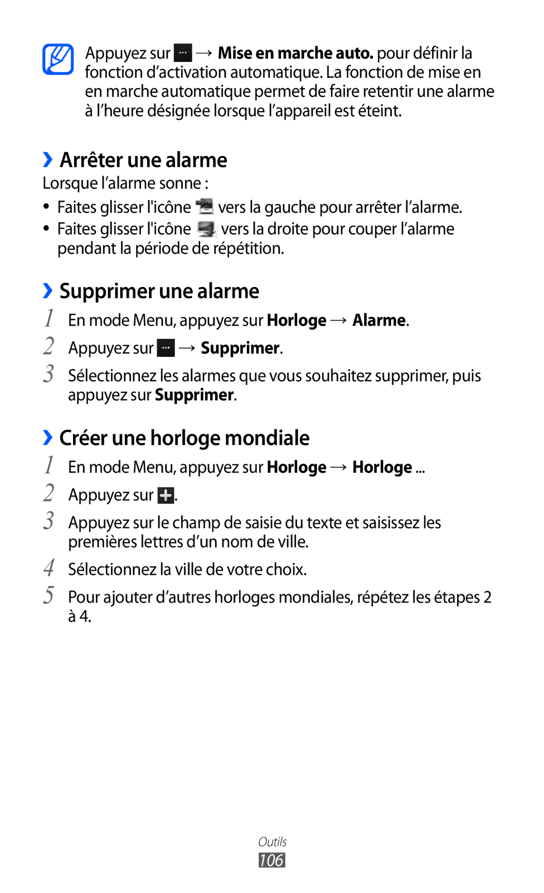 Samsung GT-S8600HKAFTM, GT-S8600HKASFR ››Arrêter une alarme, ››Supprimer une alarme, ››Créer une horloge mondiale, 106 