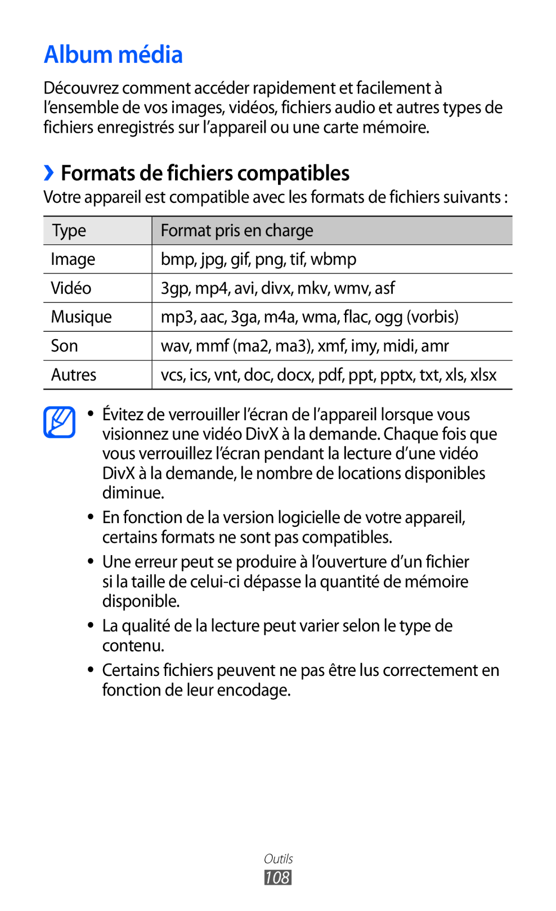 Samsung GT-S8600HKASFR, GT-S8600HKAXEF, GT-S8600HKALPM, GT-S8600WSAXEF, GT-S8600HKAFTM, GT-S8600HKABOG manual Album média, 108 