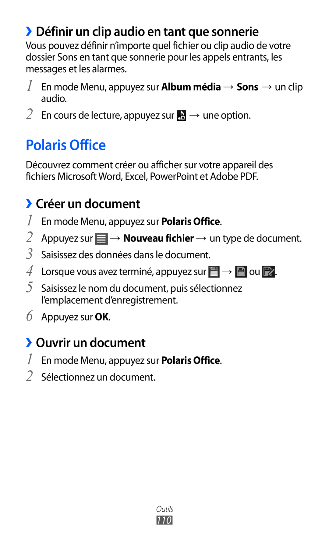 Samsung GT-S8600HKALPM manual Polaris Office, ››Définir un clip audio en tant que sonnerie, ››Créer un document, 110 