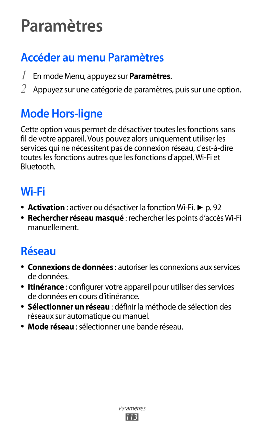 Samsung GT-S8600HKABOG, GT-S8600HKASFR, GT-S8600HKAXEF manual Accéder au menu Paramètres, Mode Hors-ligne, Réseau, 113 