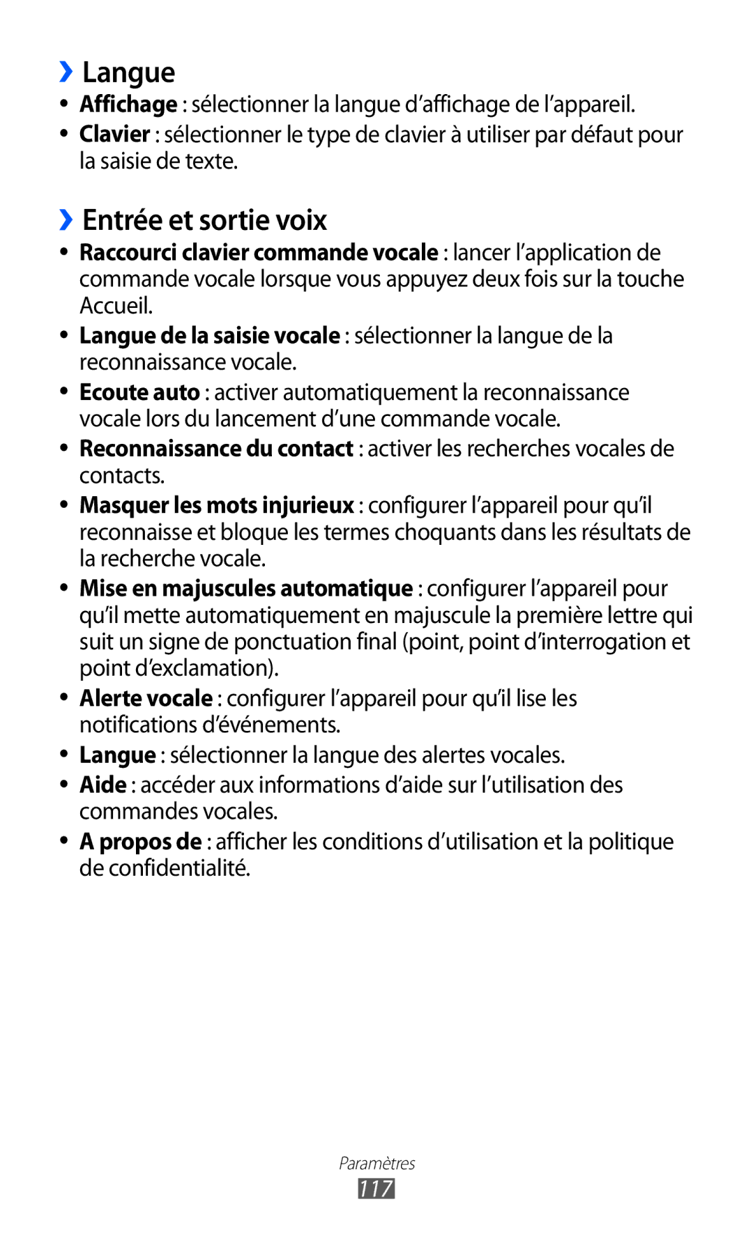 Samsung GT-S8600WSAXEF, GT-S8600HKASFR, GT-S8600HKAXEF, GT-S8600HKALPM, GT-S8600HKAFTM ››Langue, ››Entrée et sortie voix, 117 