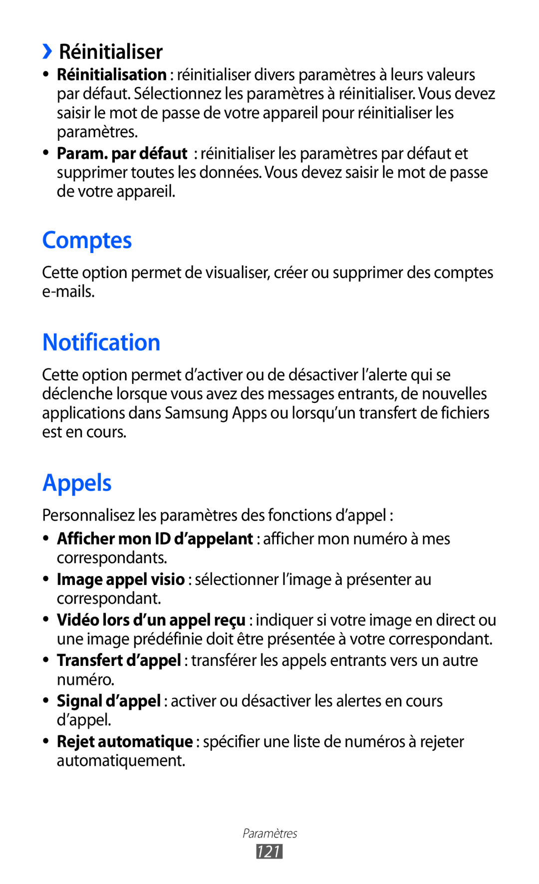 Samsung GT-S8600HKAXEF Comptes, Notification, ››Réinitialiser, Afficher mon ID d’appelant afficher mon numéro à mes, 121 