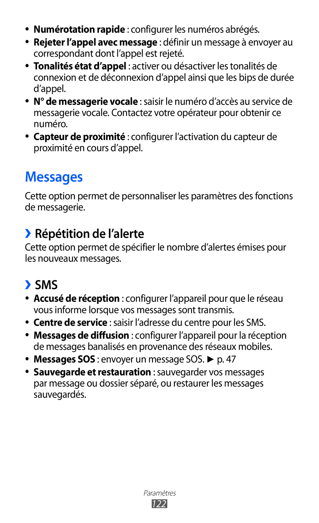 Samsung GT-S8600HKALPM manual ››Répétition de l’alerte, Centre de service saisir l’adresse du centre pour les SMS, 122 