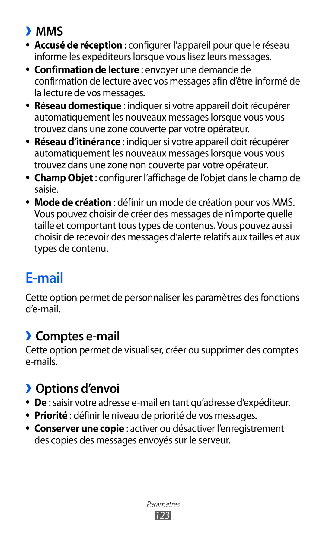 Samsung GT-S8600WSAXEF ››Comptes e-mail, ››Options d’envoi, Priorité définir le niveau de priorité de vos messages, 123 