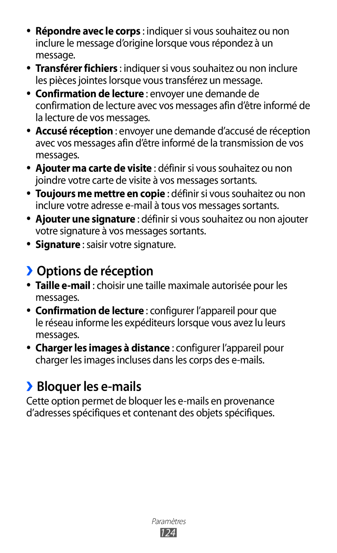 Samsung GT-S8600HKAFTM manual ››Options de réception, ››Bloquer les e-mails, Signature saisir votre signature, 124 