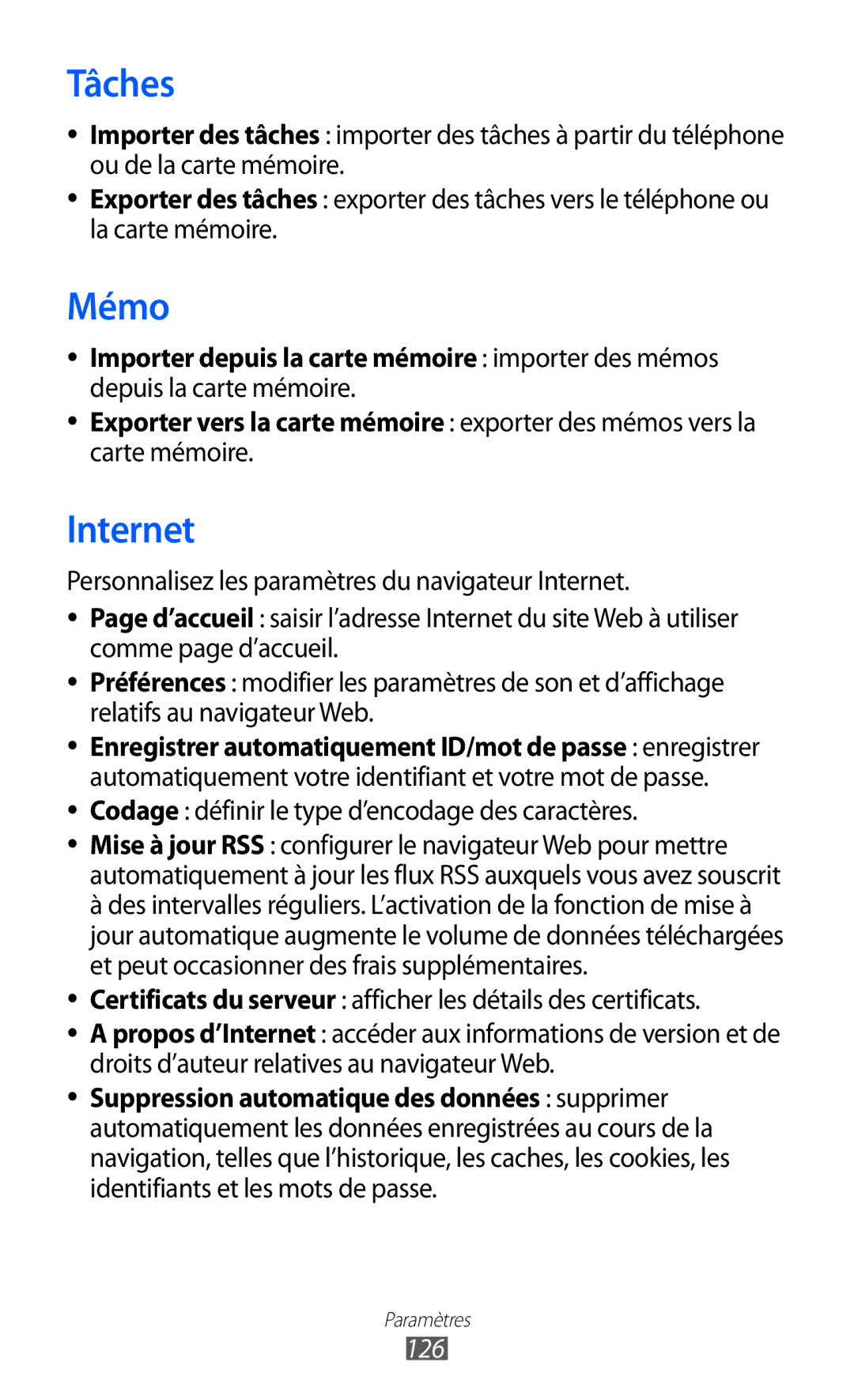 Samsung GT-S8600HKASFR, GT-S8600HKAXEF manual Internet, Carte mémoire, Codage définir le type d’encodage des caractères, 126 