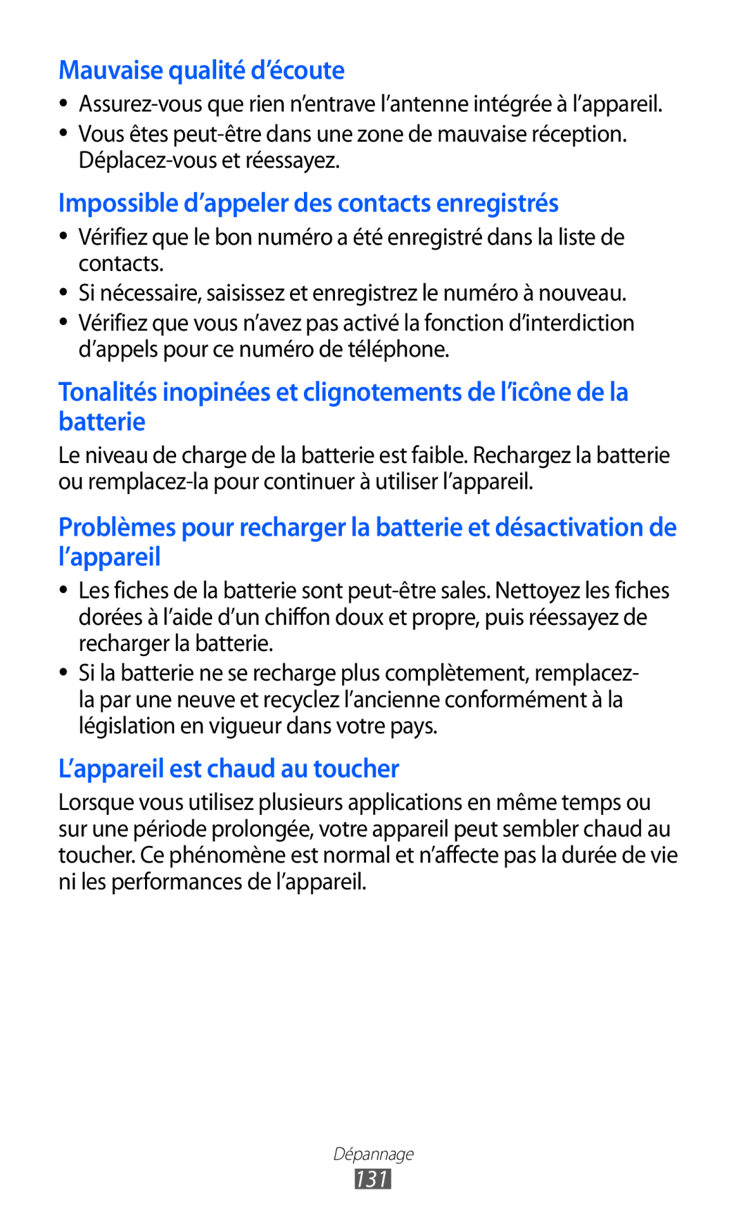 Samsung GT-S8600HKABOG, GT-S8600HKASFR, GT-S8600HKAXEF, GT-S8600HKALPM, GT-S8600WSAXEF manual Mauvaise qualité d’écoute, 131 