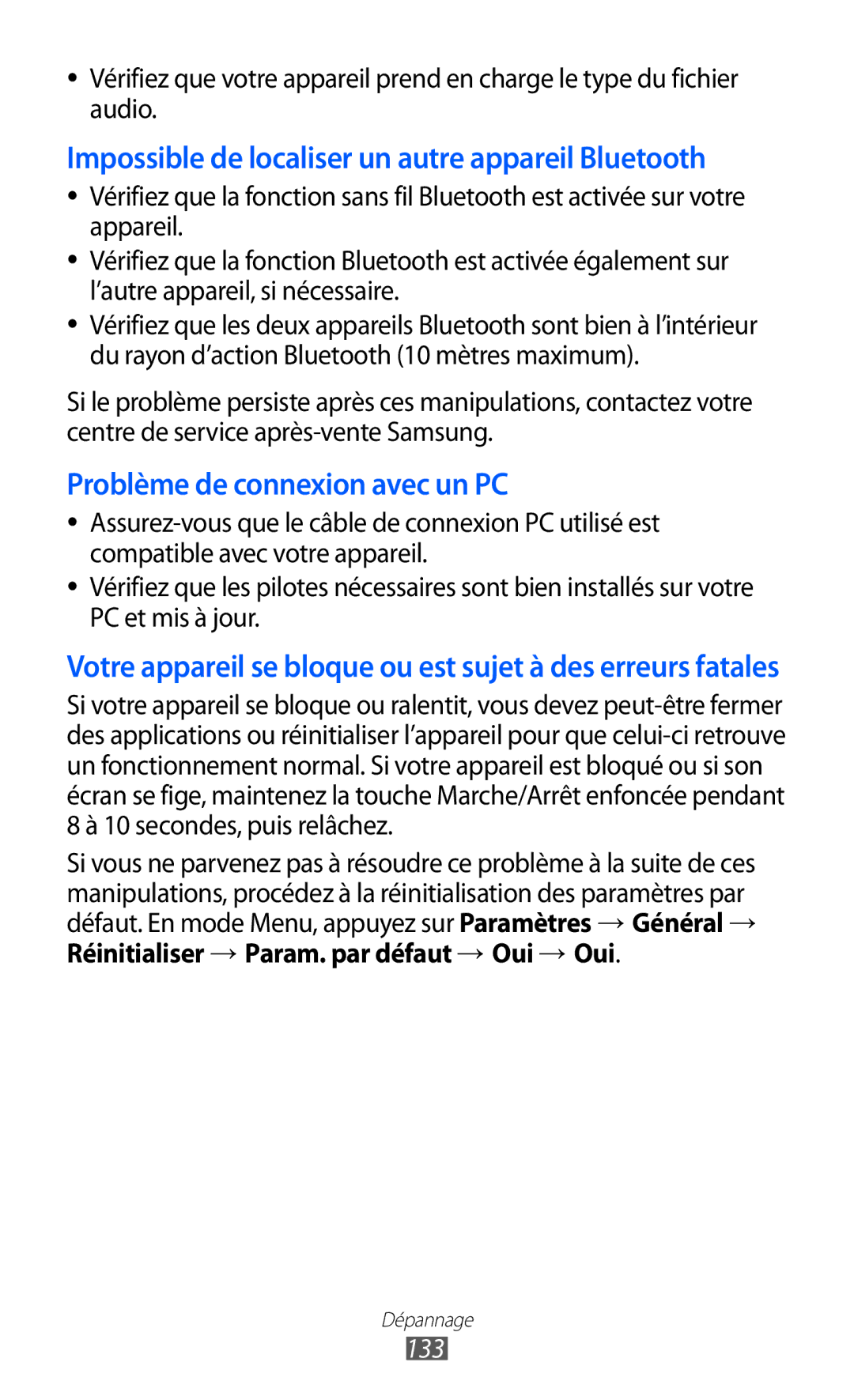 Samsung GT-S8600HKAXEF, GT-S8600HKASFR, GT-S8600HKALPM, GT-S8600WSAXEF Réinitialiser → Param. par défaut → Oui → Oui, 133 