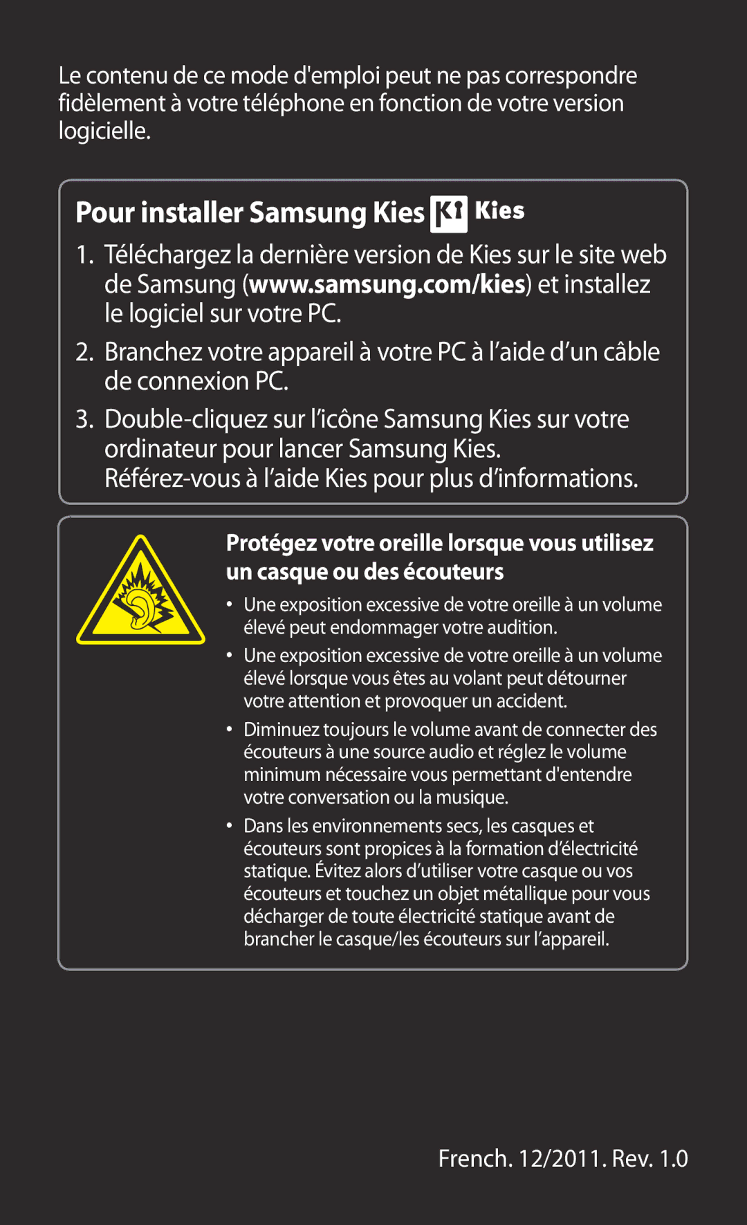 Samsung GT-S8600HKALPM, GT-S8600HKASFR, GT-S8600HKAXEF, GT-S8600WSAXEF, GT-S8600HKAFTM manual Pour installer Samsung Kies 