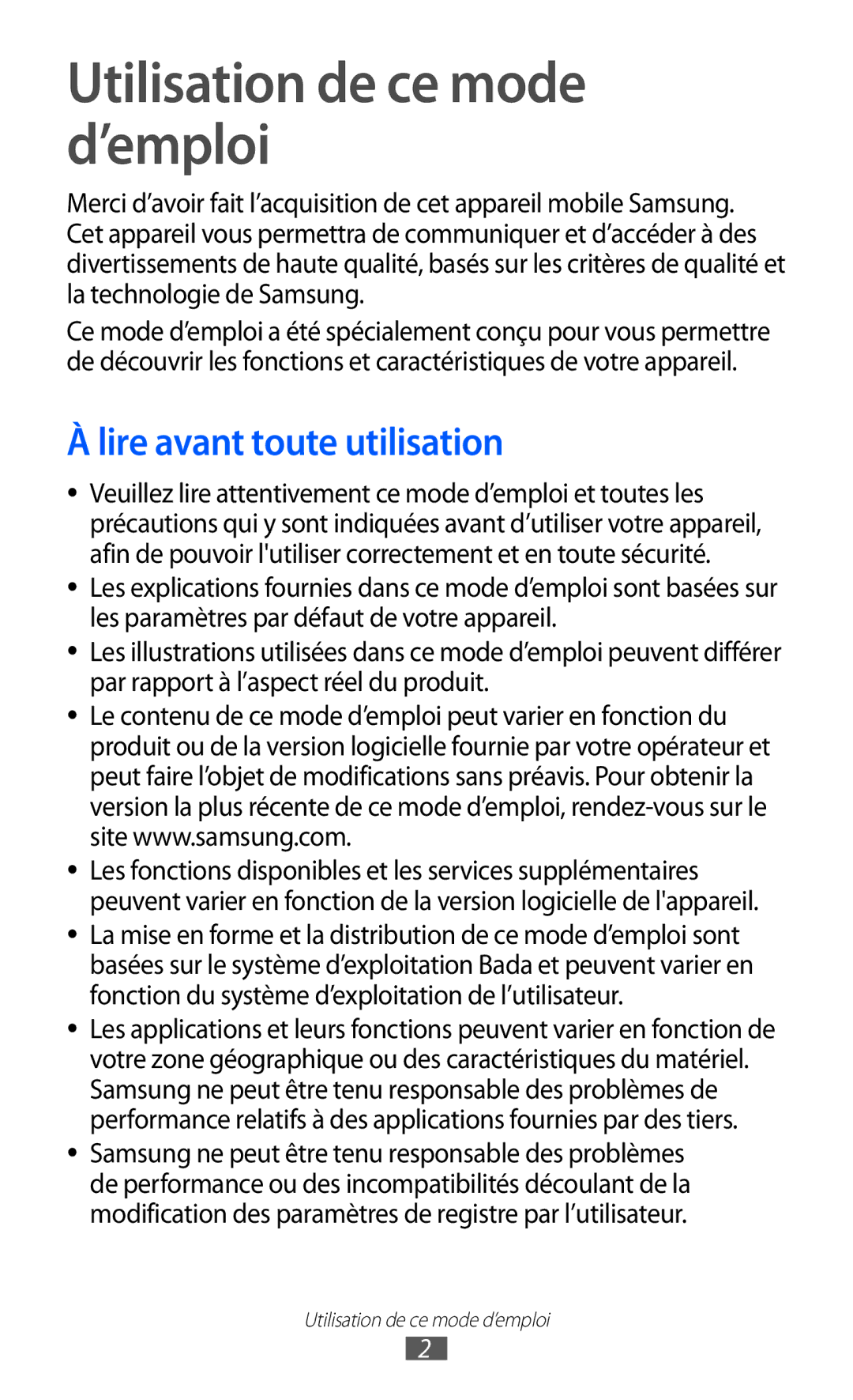 Samsung GT-S8600HKALPM, GT-S8600HKASFR, GT-S8600HKAXEF manual Utilisation de ce mode d’emploi, Lire avant toute utilisation 