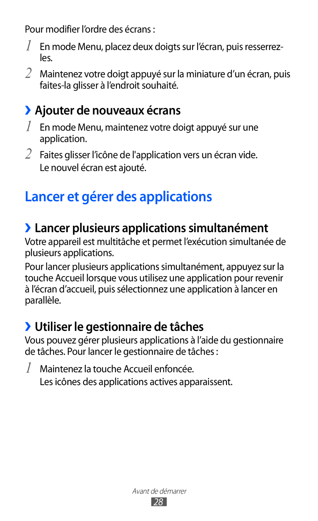 Samsung GT-S8600HKAFTM, GT-S8600HKASFR, GT-S8600HKAXEF manual Lancer et gérer des applications, ››Ajouter de nouveaux écrans 