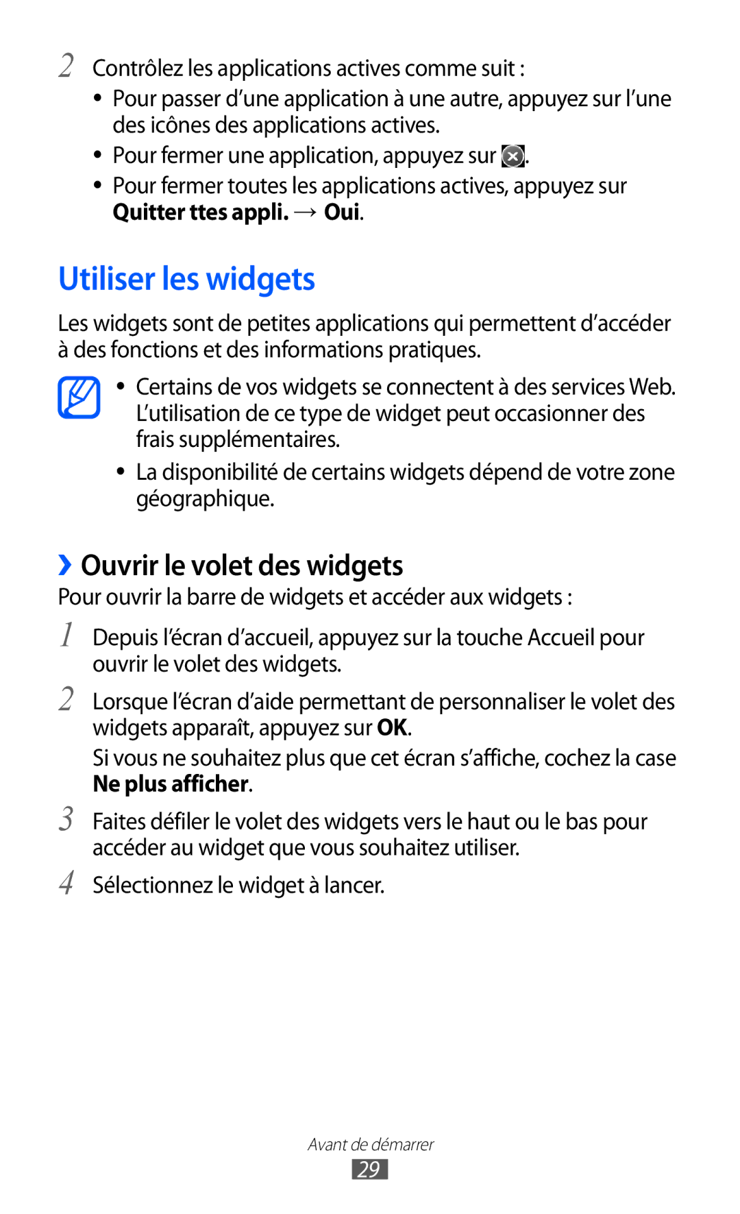 Samsung GT-S8600HKABOG, GT-S8600HKASFR manual Utiliser les widgets, ››Ouvrir le volet des widgets, Quitter ttes appli. → Oui 