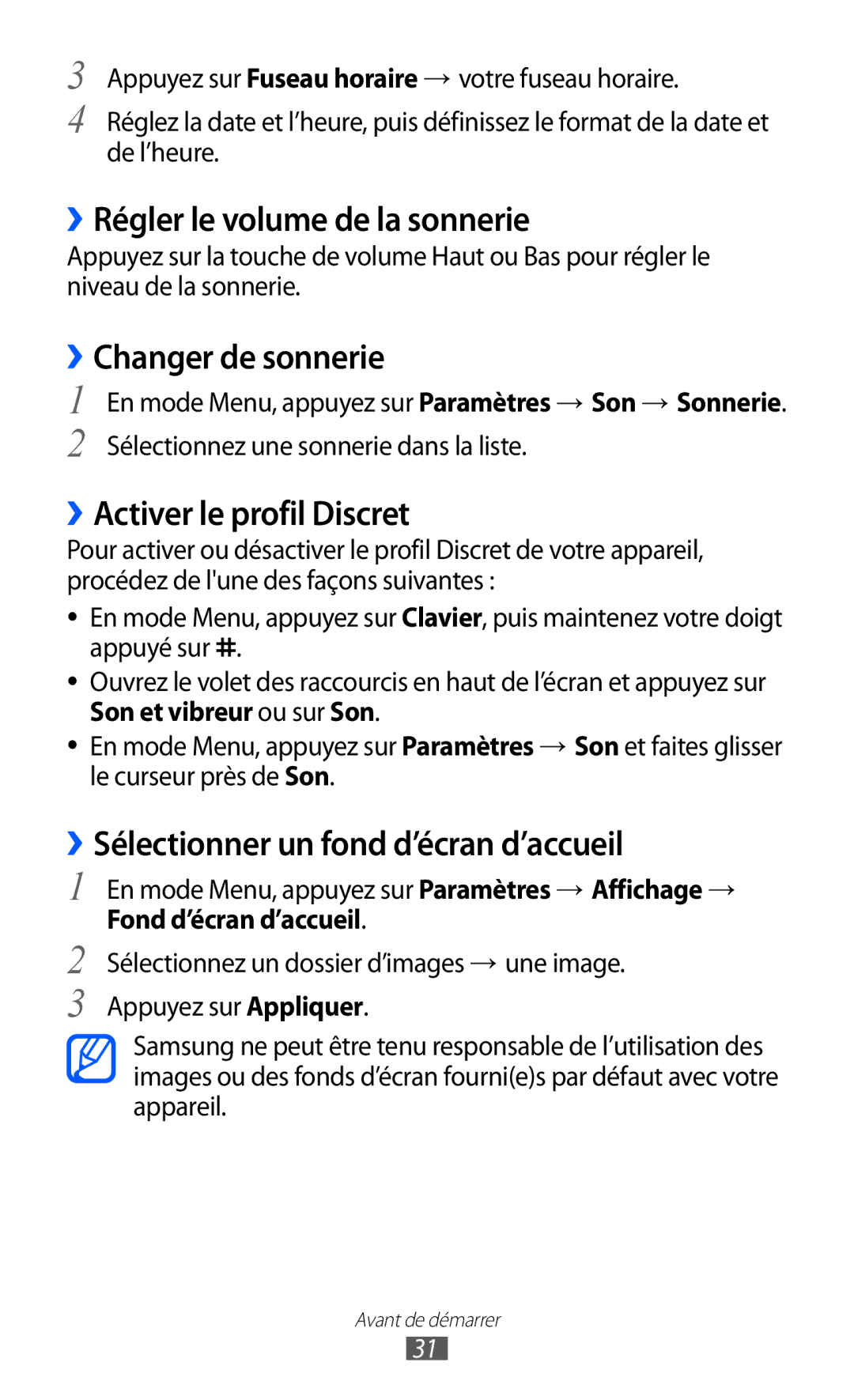 Samsung GT-S8600HKAXEF manual ››Régler le volume de la sonnerie, ››Changer de sonnerie, ››Activer le profil Discret 
