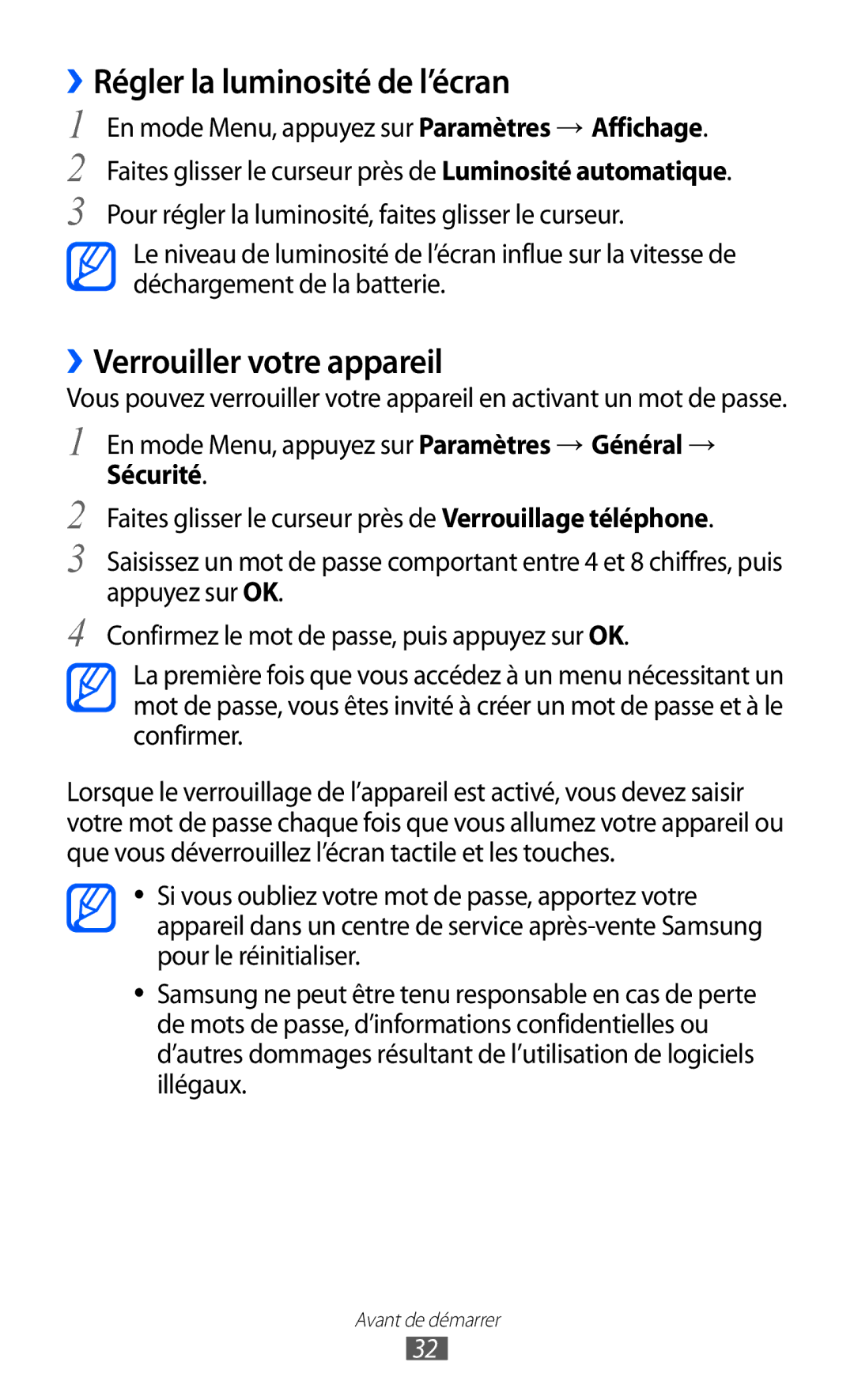 Samsung GT-S8600HKALPM, GT-S8600HKASFR, GT-S8600HKAXEF manual ››Régler la luminosité de l’écran, ››Verrouiller votre appareil 