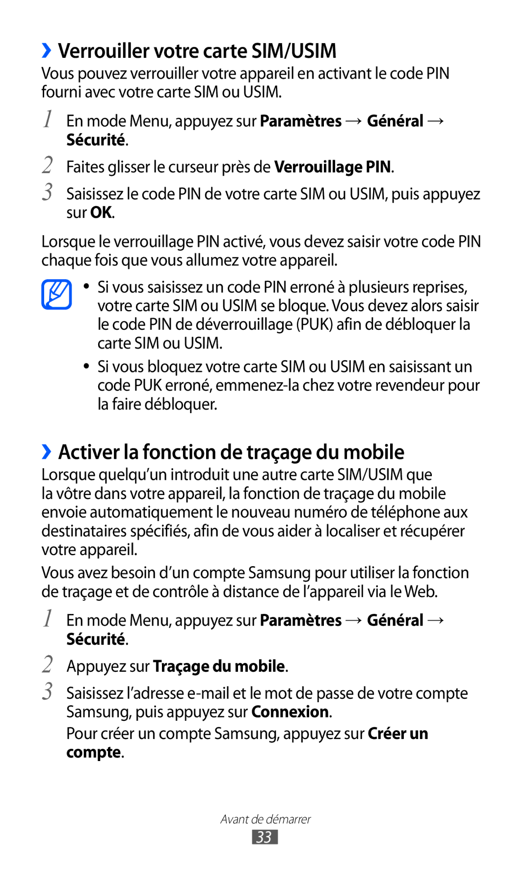 Samsung GT-S8600WSAXEF, GT-S8600HKASFR manual ››Verrouiller votre carte SIM/USIM, ››Activer la fonction de traçage du mobile 