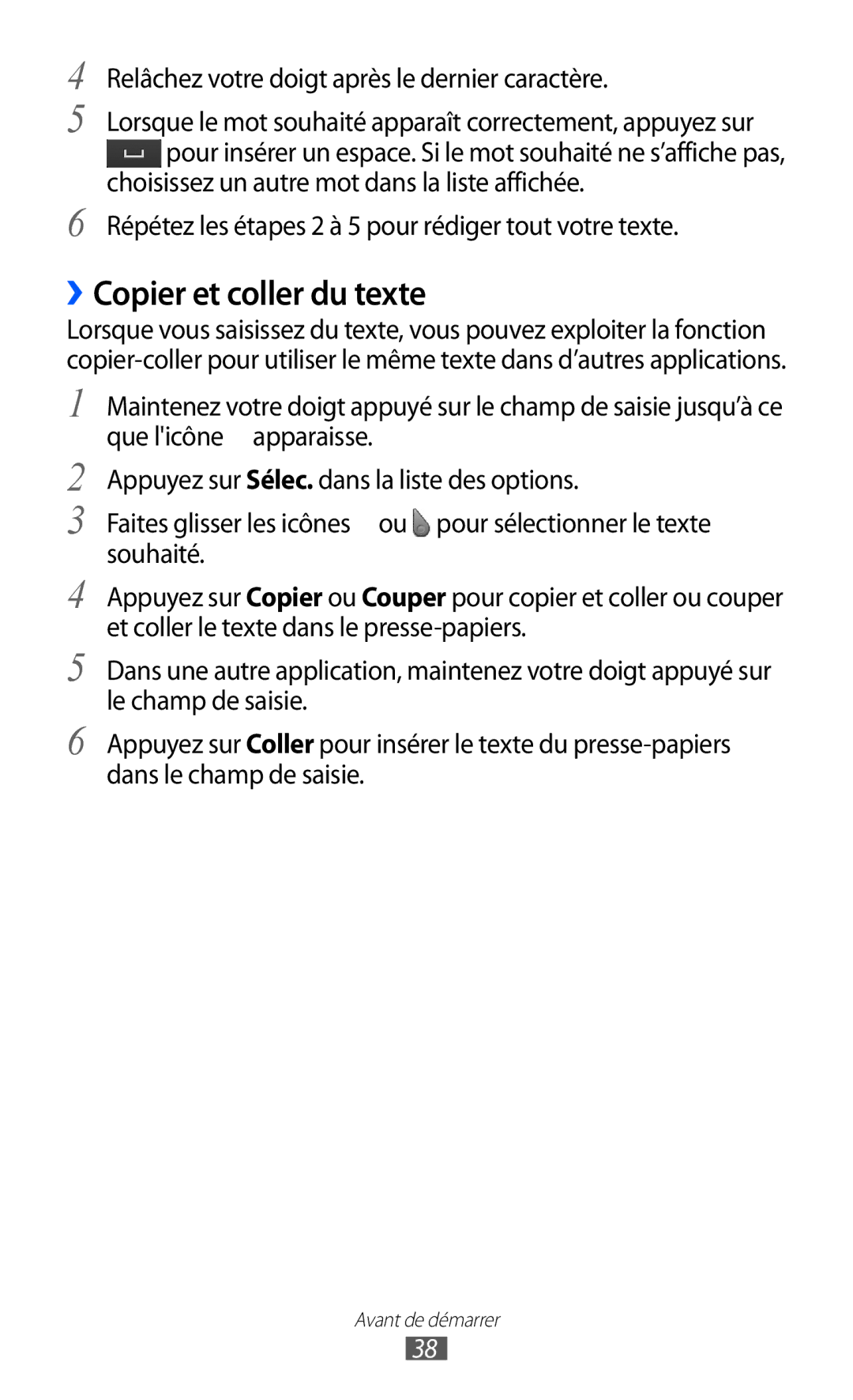 Samsung GT-S8600HKALPM, GT-S8600HKASFR manual ››Copier et coller du texte, Relâchez votre doigt après le dernier caractère 