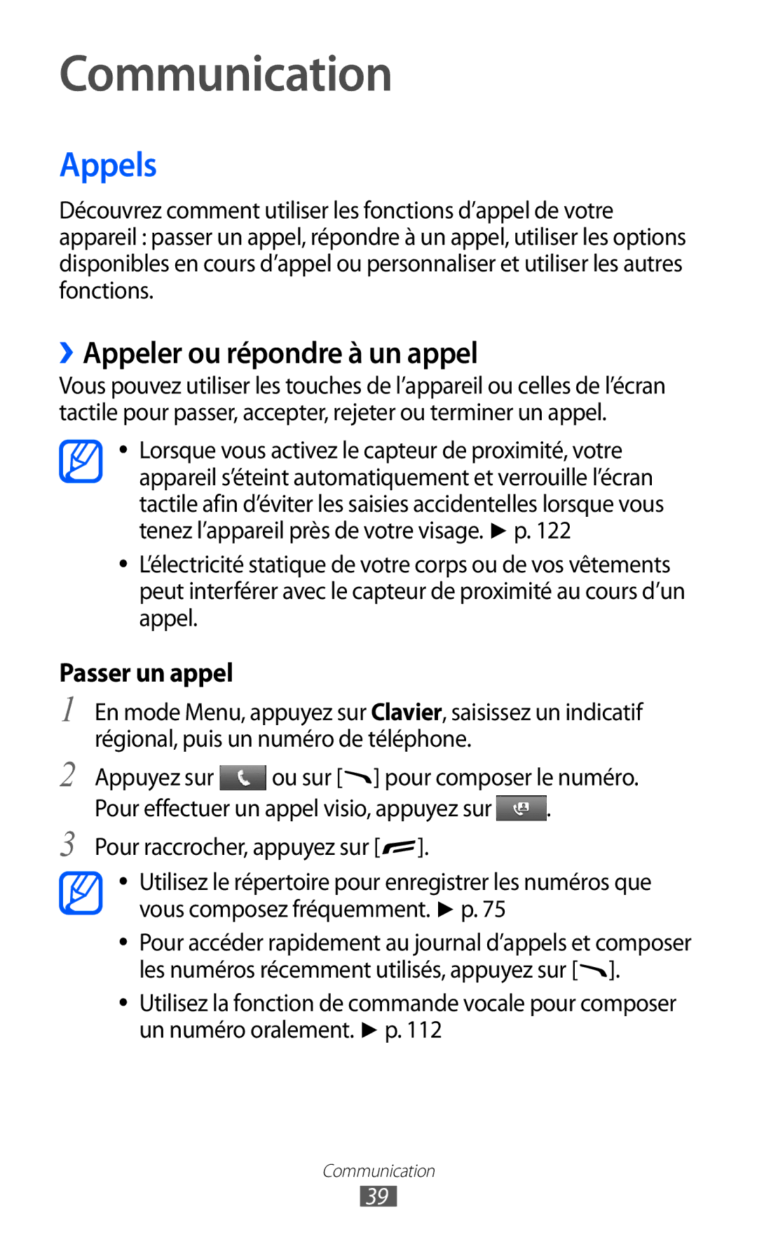 Samsung GT-S8600WSAXEF, GT-S8600HKASFR, GT-S8600HKAXEF manual Communication, Appels, ››Appeler ou répondre à un appel 