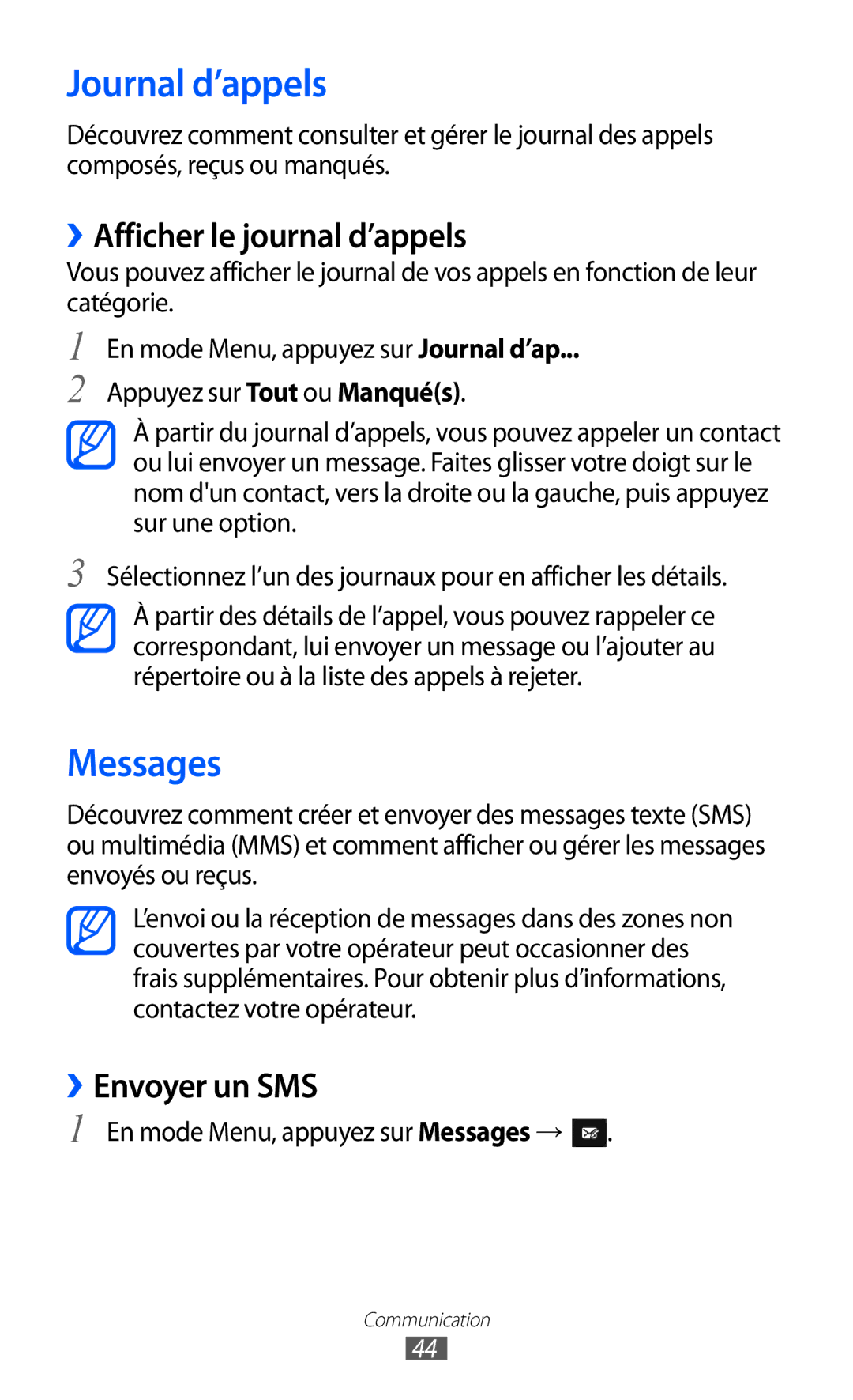 Samsung GT-S8600HKALPM, GT-S8600HKASFR manual Journal d’appels, Messages, ››Afficher le journal d’appels, ››Envoyer un SMS 