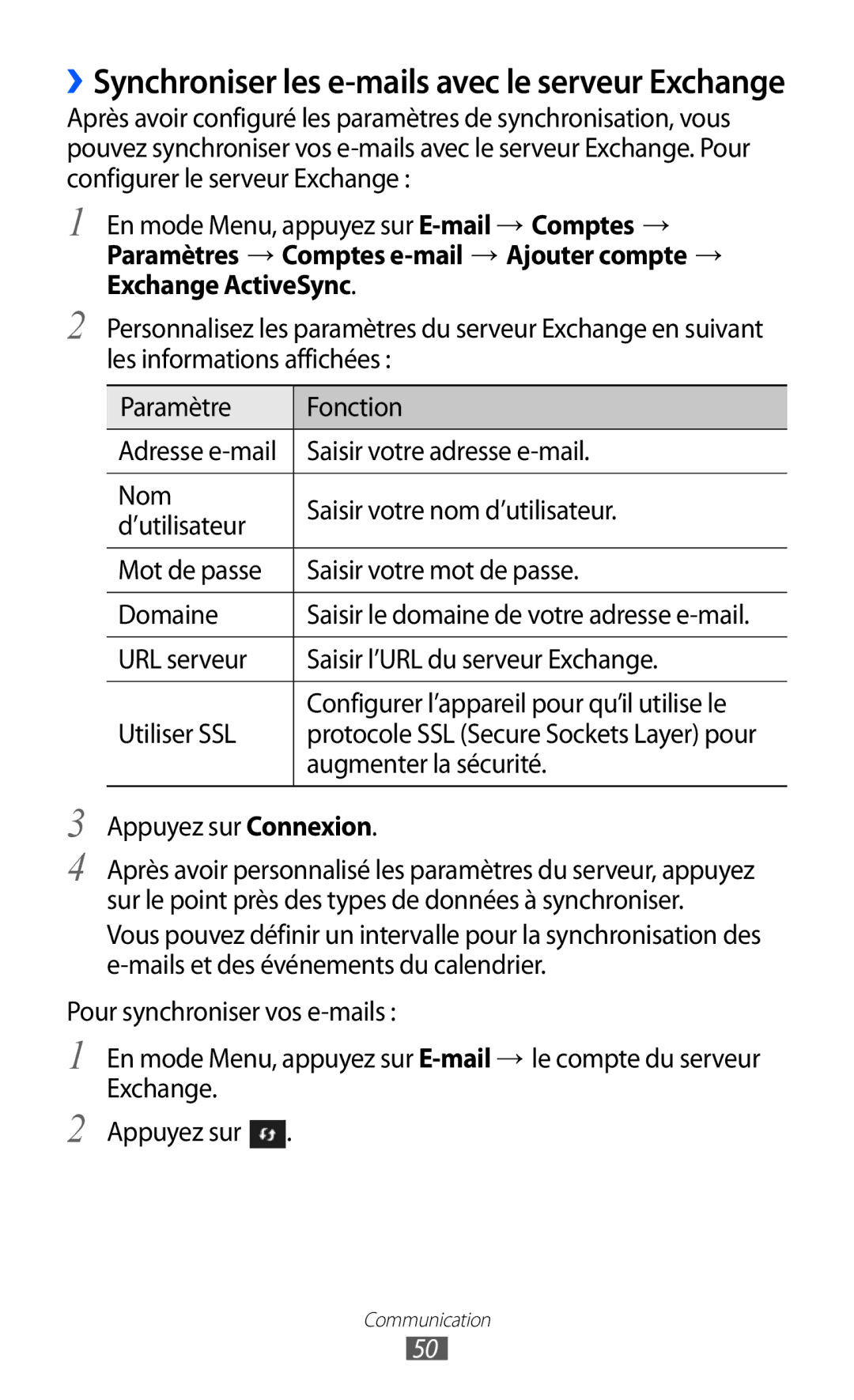 Samsung GT-S8600HKALPM, GT-S8600HKASFR, GT-S8600HKAXEF, GT-S8600WSAXEF manual Augmenter la sécurité, Appuyez sur Connexion 