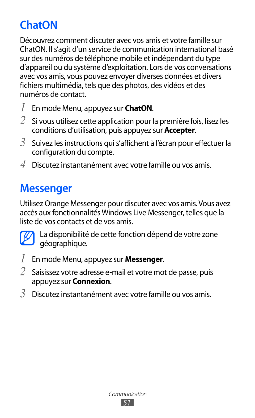 Samsung GT-S8600WSAXEF, GT-S8600HKASFR, GT-S8600HKAXEF, GT-S8600HKALPM manual Messenger, En mode Menu, appuyez sur ChatON 