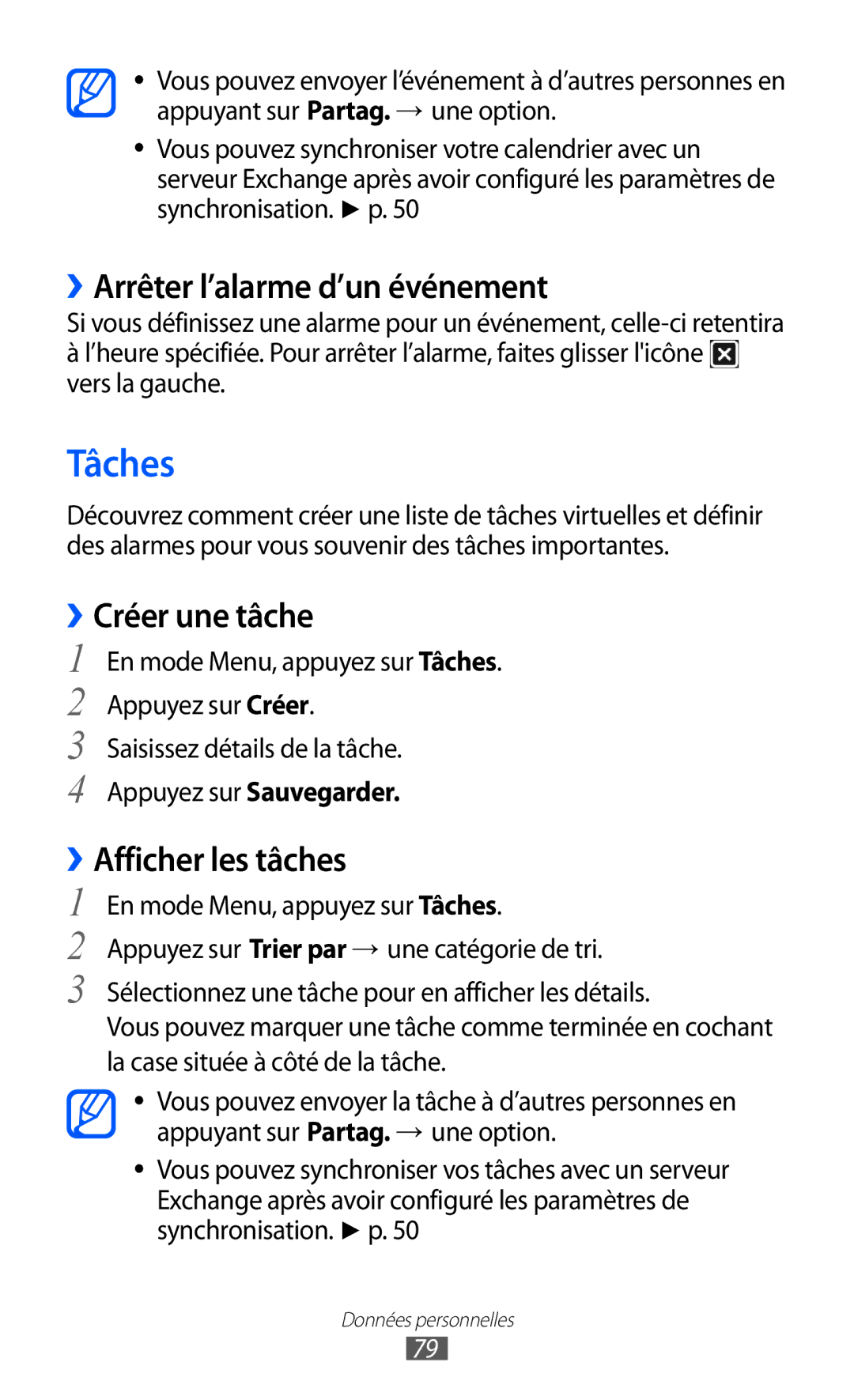 Samsung GT-S8600HKAXEF, GT-S8600HKASFR Tâches, ››Arrêter l’alarme d’un événement, ››Créer une tâche, ››Afficher les tâches 