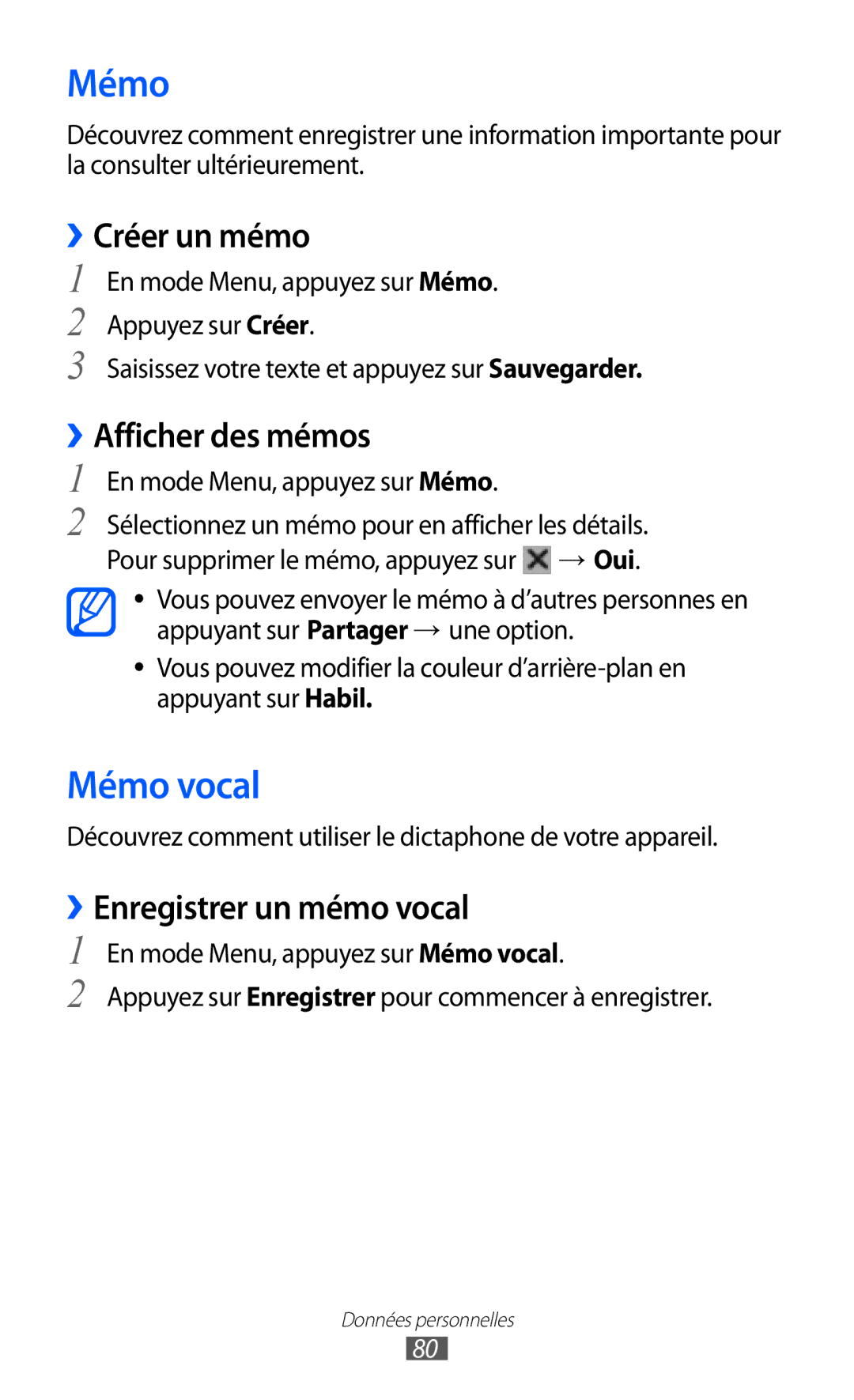 Samsung GT-S8600HKALPM, GT-S8600HKASFR Mémo vocal, ››Créer un mémo, ››Afficher des mémos, ››Enregistrer un mémo vocal 