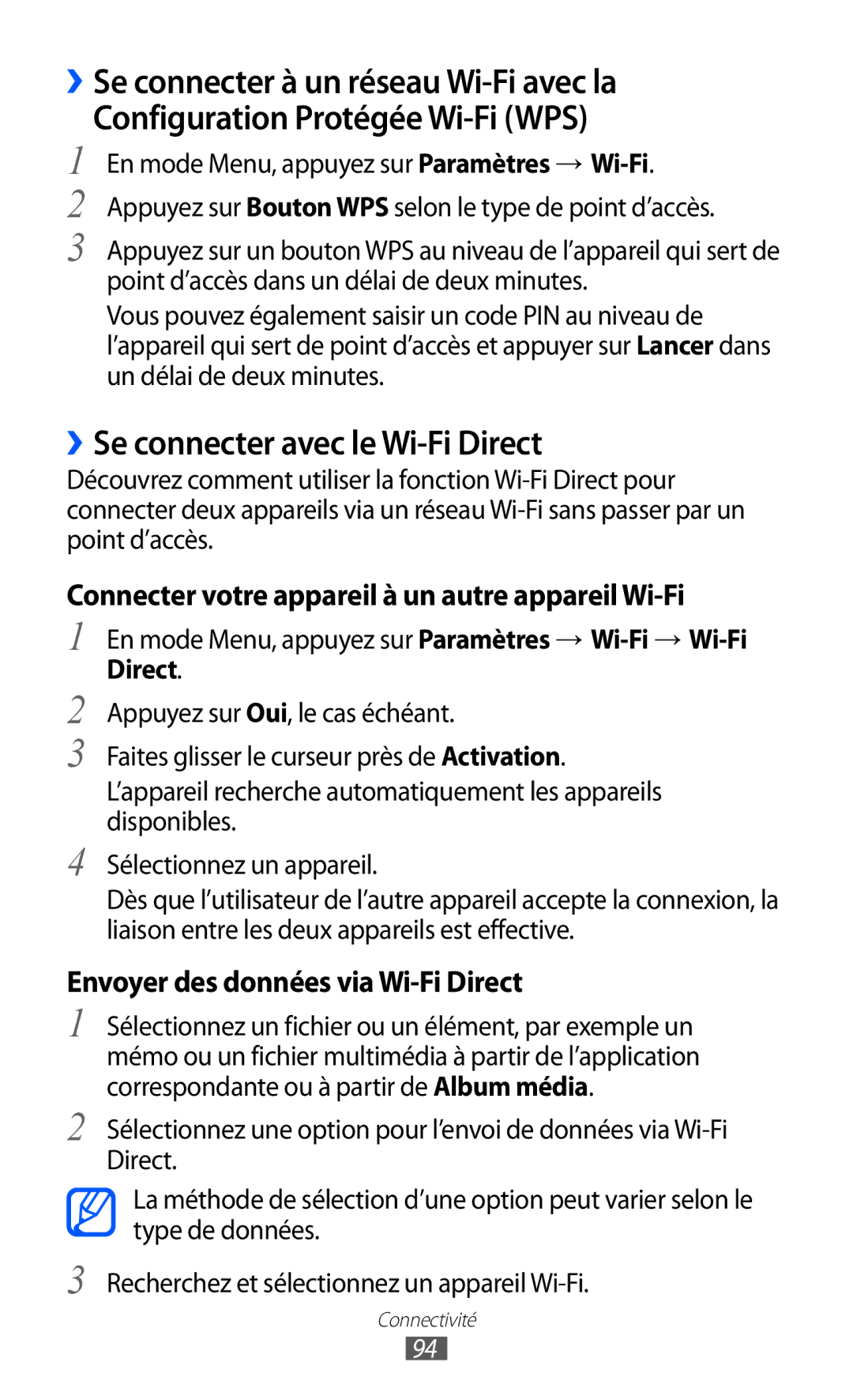 Samsung GT-S8600HKAFTM manual ››Se connecter avec le Wi-Fi Direct, En mode Menu, appuyez sur Paramètres → Wi-Fi→ Wi-Fi 