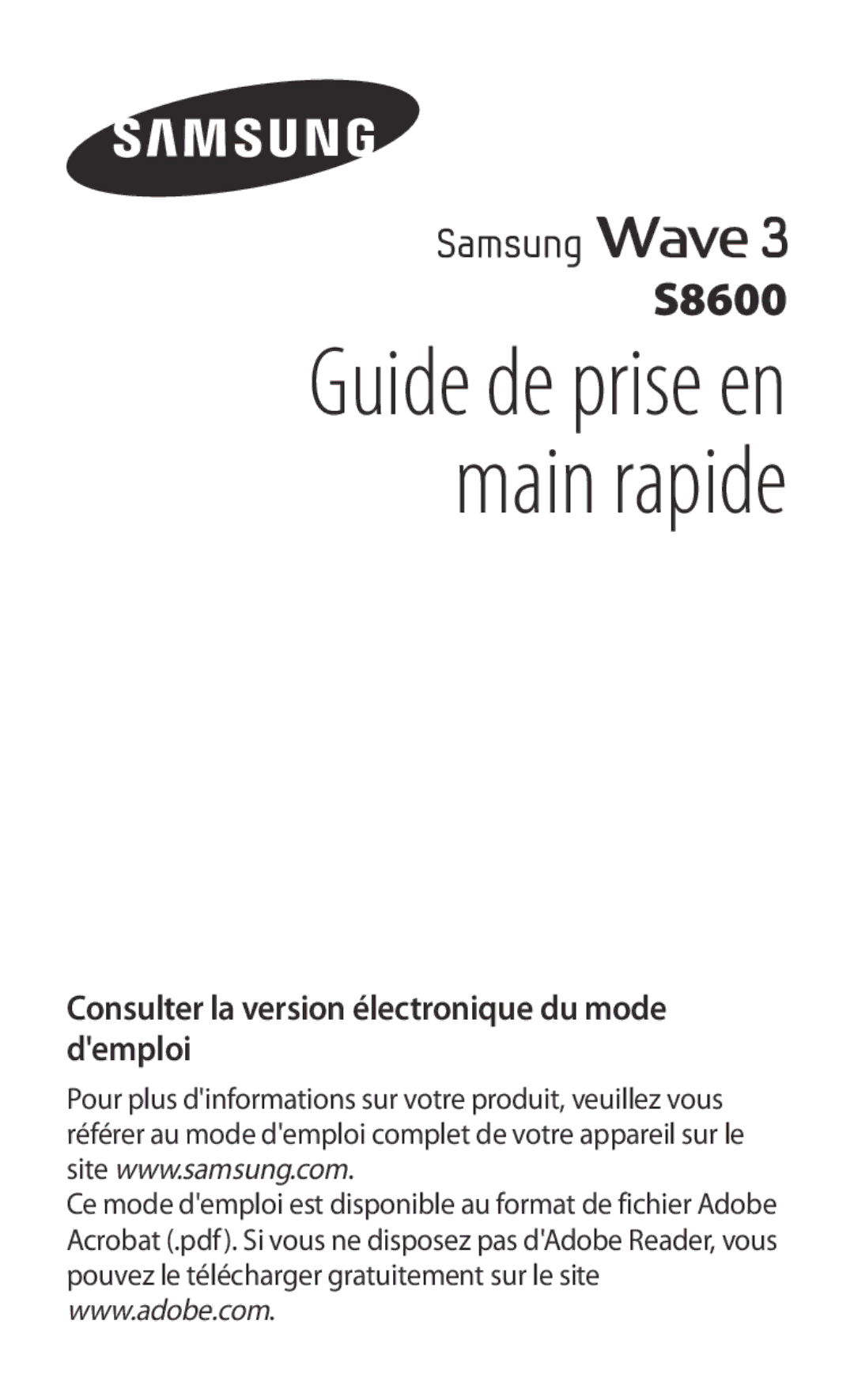 Samsung GT-S8600HKAXEF, GT-S8600HKASFR, GT-S8600HKALPM, GT-S8600WSAXEF, GT-S8600HKAFTM manual Guide de prise en main rapide 