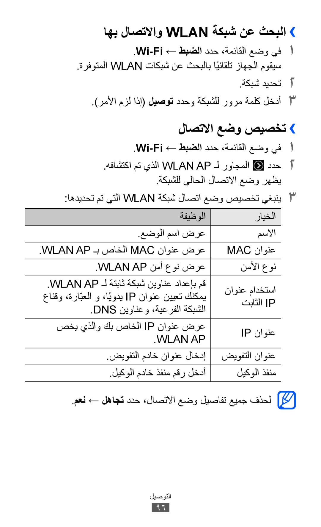 Samsung GT-S8600HKASKZ, GT-S8600HKAAFG, GT-S8600HKABTC manual اهب لاصتلااو Wlan ةكبش نع ثحبلا››, لاصتلاا عضو صيصخت›› 