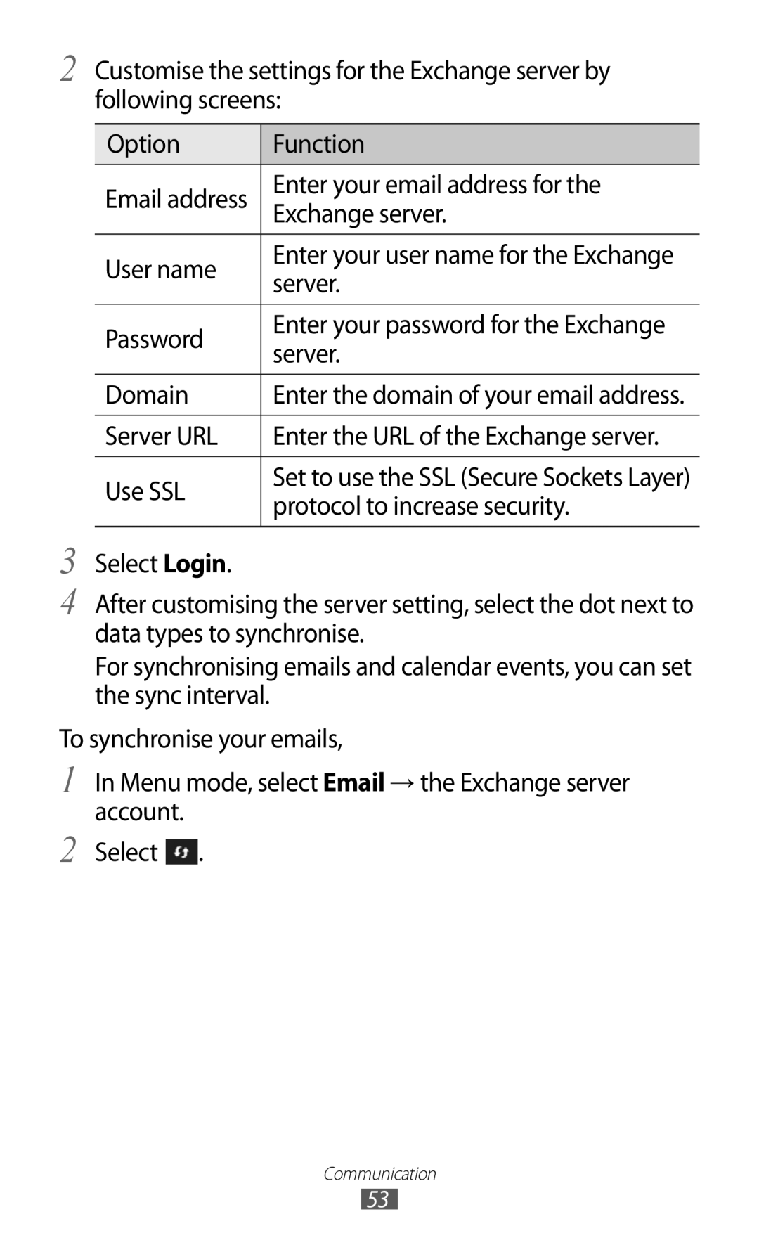 Samsung GT-S8600HKUSKZ, GT-S8600HKASKZ manual Enter your email address for, Exchange server, Domain, Server URL, Use SSL 