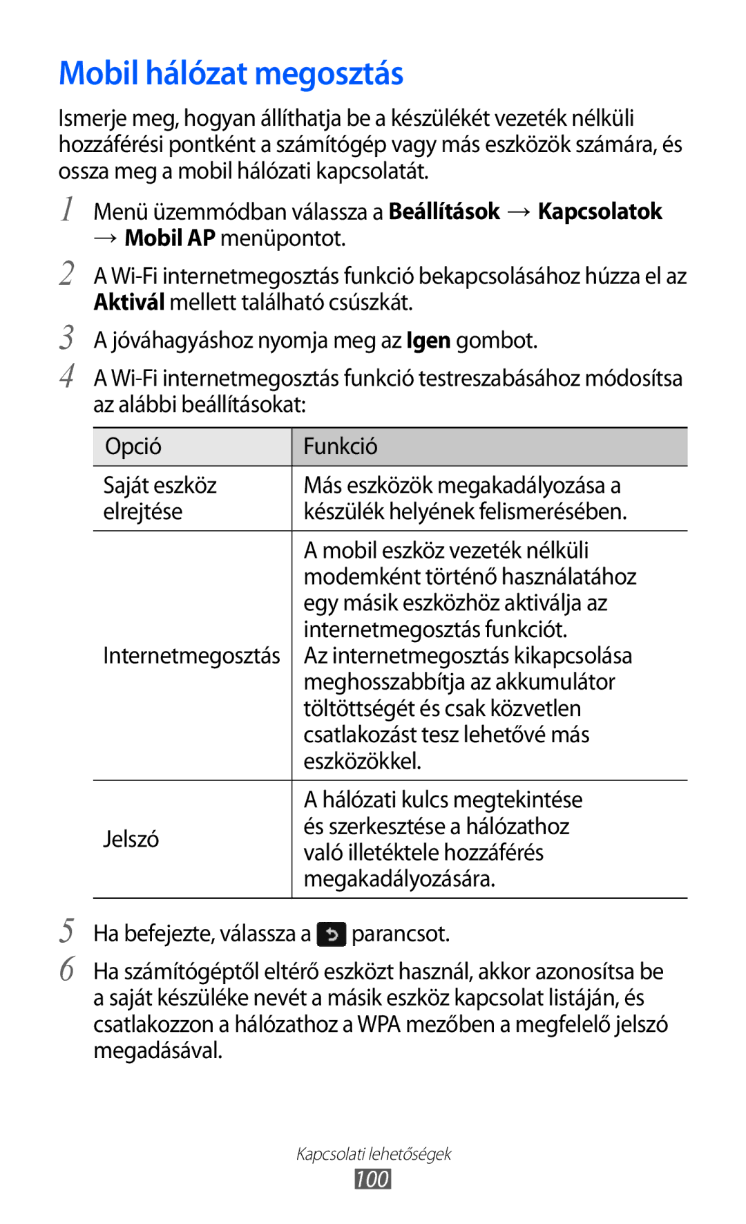 Samsung GT-S8600HKAPRT, GT-S8600HKATPL, GT-S8600WSAPRT, GT-S8600HKADBT, GT-S8600HKAXEO manual Mobil hálózat megosztás, 100 