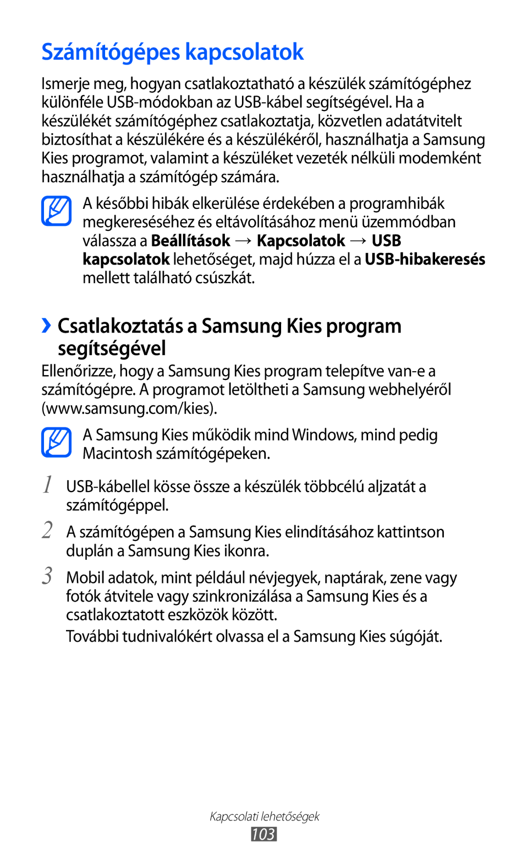 Samsung GT-S8600HKAXEO, GT-S8600HKATPL Számítógépes kapcsolatok, ››Csatlakoztatás a Samsung Kies program segítségével, 103 