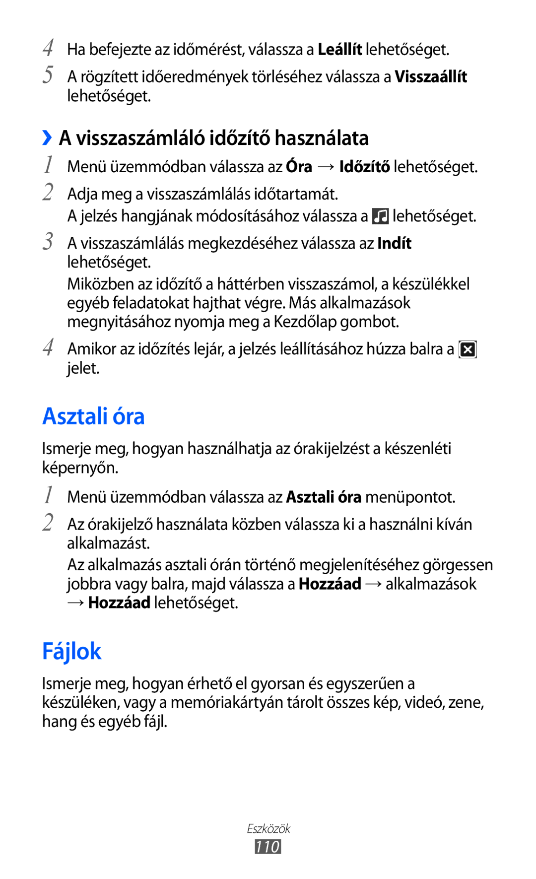 Samsung GT-S8600WSAPRT manual Asztali óra, Fájlok, ››A visszaszámláló időzítő használata, → Hozzáad lehetőséget, 110 